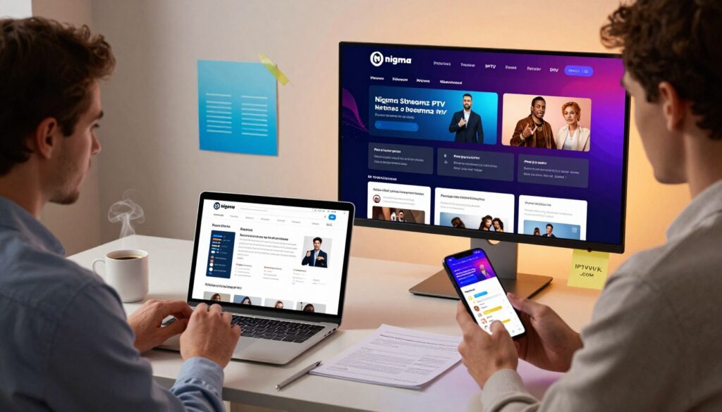 A sleek, modern desk setup featuring a variety of devices displaying Digital IPTV reviews, with vibrant visuals of Nigma Streamz IPTV's interface on a large monitor. In the foreground, a confident user in professional business attire, engaged in reading reviews, holding a smartphone with a screen showing a user rating. The middle ground features a laptop open to a review website, surrounded by notes and a steaming coffee mug. In the background, there are abstract digital graphics signifying streaming media, with a sleek lighting effect that creates a warm, inviting atmosphere. The overall mood is focused and professional, emphasizing a user-friendly experience with the brand "IPTVVUK.COM" subtly displayed on a sticky note on the desk. A sleek, modern desk setup featuring a variety of devices displaying Digital IPTV reviews, with vibrant visuals of Nigma Streamz IPTV's interface on a large monitor. In the foreground, a confident user in professional business attire, engaged in reading reviews, holding a smartphone with a screen showing a user rating. The middle ground features a laptop open to a review website, surrounded by notes and a steaming coffee mug. In the background, there are abstract digital graphics signifying streaming media, with a sleek lighting effect that creates a warm, inviting atmosphere. The overall mood is focused and professional, emphasizing a user-friendly experience with the brand "IPTVVUK.COM" subtly displayed on a sticky note on the desk.