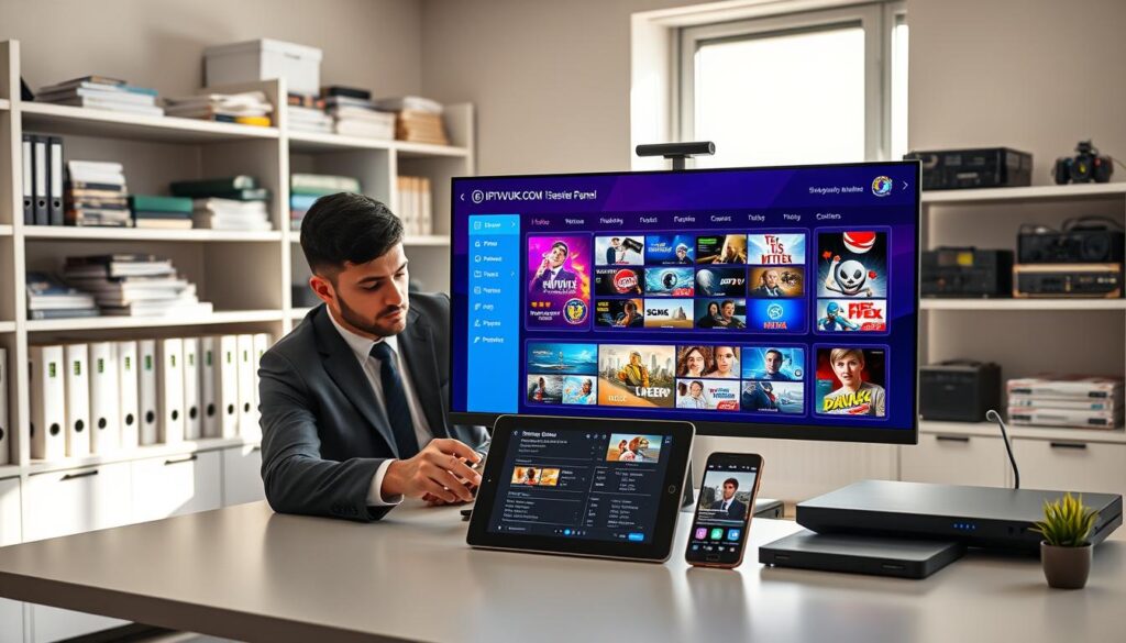 A sleek, modern desk setup showcasing IPTV technology, featuring a high-resolution monitor displaying a vibrant interface of the IPTVVUK.COM reseller panel. In the foreground, a professional business person in smart attire is analyzing various streaming quality options. The middle ground includes a tablet and smartphone, both showing different streaming services and technical specifications, enhancing the focus on IPTV offerings. The background features soft-focus shelves lined with technical manuals and networking equipment, creating a professional atmosphere. Bright, natural lighting pours in from a nearby window, giving a clear, inviting feel. Shot from a slightly elevated angle to capture all elements effectively, the image conveys a sense of expertise and reliability in the world of digital streaming technology. A sleek, modern desk setup showcasing IPTV technology, featuring a high-resolution monitor displaying a vibrant interface of the IPTVVUK.COM reseller panel. In the foreground, a professional business person in smart attire is analyzing various streaming quality options. The middle ground includes a tablet and smartphone, both showing different streaming services and technical specifications, enhancing the focus on IPTV offerings. The background features soft-focus shelves lined with technical manuals and networking equipment, creating a professional atmosphere. Bright, natural lighting pours in from a nearby window, giving a clear, inviting feel. Shot from a slightly elevated angle to capture all elements effectively, the image conveys a sense of expertise and reliability in the world of digital streaming technology.
