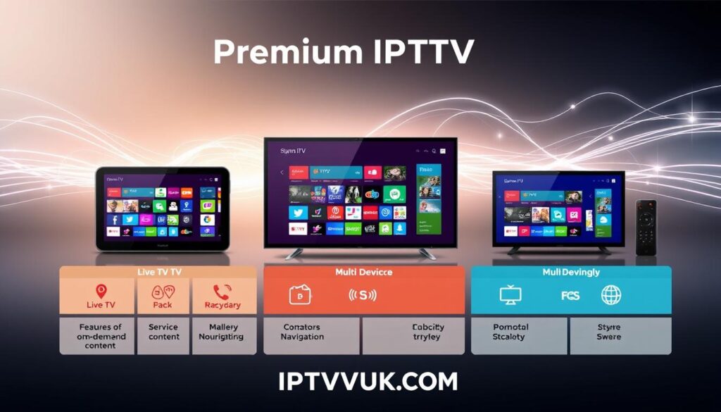 A sleek, modern infographic showcasing a comparison of premium IPTV services, featuring clear and distinct sections for each service's features and performance. In the foreground, include vibrant icons representing various streaming functions like live TV, on-demand content, and multi-device support. The middle ground displays sleek tablets and smart TVs displaying different IPTV interfaces, emphasizing user-friendly navigation. In the background, a subtle tech-themed gradient symbolizes digital connectivity, with abstract data streams interweaving softly. The lighting is bright and inviting, suggesting innovation and clarity. The atmosphere is professional and informative. Prominently feature the brand name "IPTVVUK.COM" in a stylish font, ensuring it harmonizes with the overall design without overwhelming the visual elements. A sleek, modern infographic showcasing a comparison of premium IPTV services, featuring clear and distinct sections for each service's features and performance. In the foreground, include vibrant icons representing various streaming functions like live TV, on-demand content, and multi-device support. The middle ground displays sleek tablets and smart TVs displaying different IPTV interfaces, emphasizing user-friendly navigation. In the background, a subtle tech-themed gradient symbolizes digital connectivity, with abstract data streams interweaving softly. The lighting is bright and inviting, suggesting innovation and clarity. The atmosphere is professional and informative. Prominently feature the brand name "IPTVVUK.COM" in a stylish font, ensuring it harmonizes with the overall design without overwhelming the visual elements.