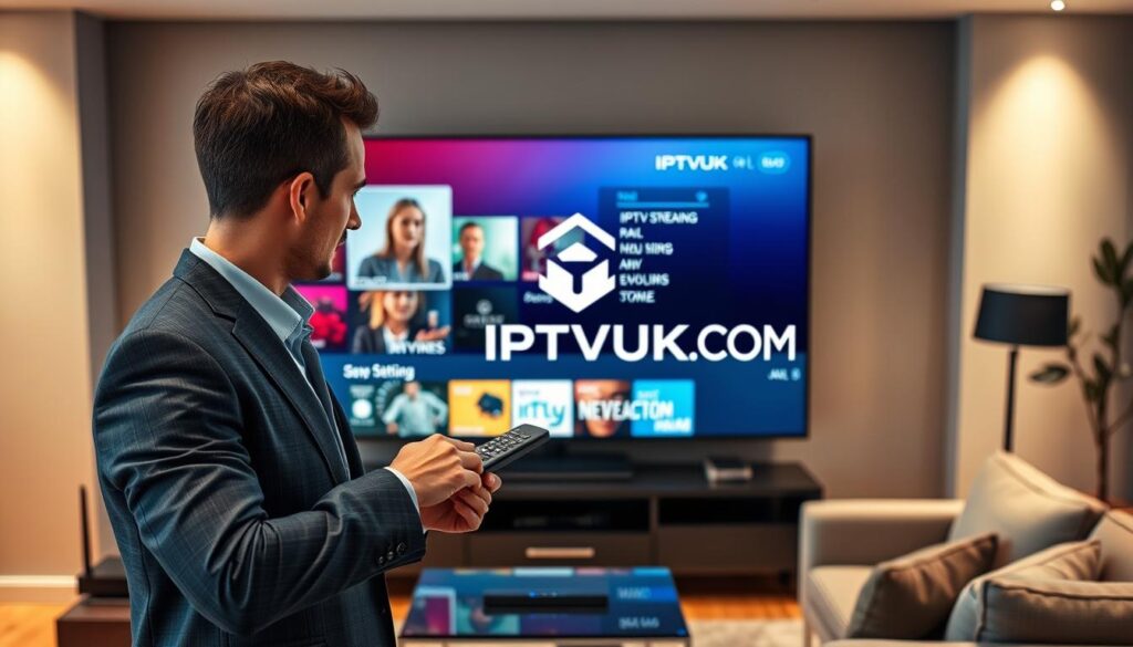 A sleek, modern living room featuring a large smart TV displaying a vibrant IPTV interface, showcasing various streaming options. In the foreground, a confident individual dressed in professional business attire is adjusting the settings on the remote, embodying the concept of IPTV streaming optimization. The middle ground features high-tech gadgets, a router with visible signal lights, and a cozy sofa inviting relaxation. The background includes ambient lighting, with soft, warm light illuminating the room, creating an inviting atmosphere. A stylish IPTVVUK.COM logo subtly placed on the TV screen adds branding without overwhelming the scene. The overall mood is focused and sophisticated, emphasizing a seamless and enhanced streaming experience. A sleek, modern living room featuring a large smart TV displaying a vibrant IPTV interface, showcasing various streaming options. In the foreground, a confident individual dressed in professional business attire is adjusting the settings on the remote, embodying the concept of IPTV streaming optimization. The middle ground features high-tech gadgets, a router with visible signal lights, and a cozy sofa inviting relaxation. The background includes ambient lighting, with soft, warm light illuminating the room, creating an inviting atmosphere. A stylish IPTVVUK.COM logo subtly placed on the TV screen adds branding without overwhelming the scene. The overall mood is focused and sophisticated, emphasizing a seamless and enhanced streaming experience.