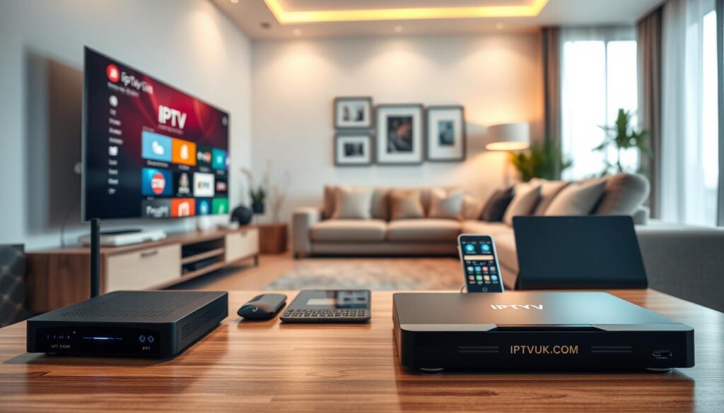 A sleek, modern living room featuring an array of IPTV devices on a stylish coffee table, showcasing compatibility options. In the foreground, a black IPTV set-top box with LED lights, connected to a flat-screen TV displaying vibrant streaming interface icons. Beside it, various devices like a tablet, smartphone, and laptop, each with visual indicators to represent compatibility. In the middle ground, a comfortable sofa and contemporary decor create a welcoming atmosphere, while soft warm lighting enhances the inviting feel. The background shows a cozy home setup, with minimalistic furnishings and a large window letting in natural light. The scene is captured with a wide-angle lens for depth, focusing on the devices and their seamless integration in a modern home environment. Prominently feature the brand "IPTVVUK.COM" on the set-top box. A sleek, modern living room featuring an array of IPTV devices on a stylish coffee table, showcasing compatibility options. In the foreground, a black IPTV set-top box with LED lights, connected to a flat-screen TV displaying vibrant streaming interface icons. Beside it, various devices like a tablet, smartphone, and laptop, each with visual indicators to represent compatibility. In the middle ground, a comfortable sofa and contemporary decor create a welcoming atmosphere, while soft warm lighting enhances the inviting feel. The background shows a cozy home setup, with minimalistic furnishings and a large window letting in natural light. The scene is captured with a wide-angle lens for depth, focusing on the devices and their seamless integration in a modern home environment. Prominently feature the brand "IPTVVUK.COM" on the set-top box.