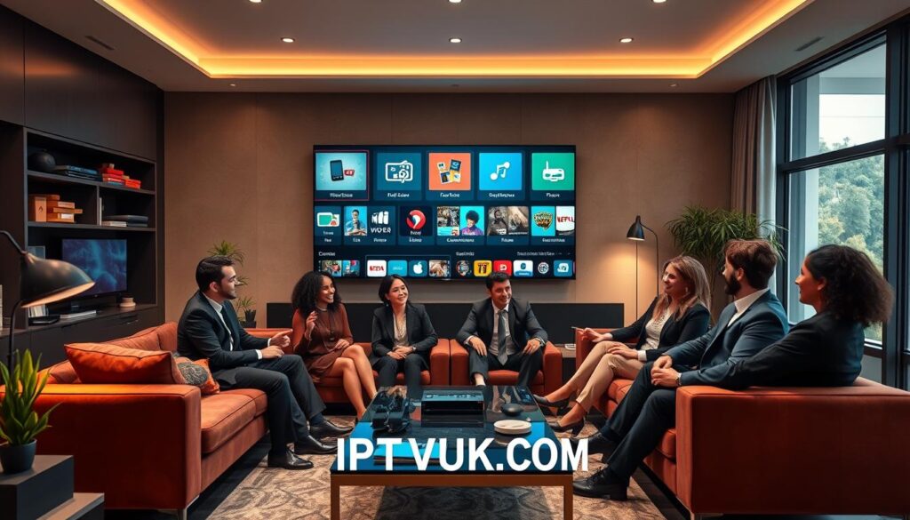 A sleek, modern living room filled with high-tech gadgets, centered around a large flat-screen TV displaying various IPTV service features like multi-device compatibility, user-friendly interfaces, and extensive channel lineups. In the foreground, a diverse group of people in professional business attire sits comfortably on a stylish sofa, enthusiastically discussing the benefits of IPTV services. The background hints at a warm home atmosphere with soft lighting, and natural light filtering through large windows. The composition should focus on the lively interaction among the group, showcasing their engagement with the IPTV features. The overall mood is informative and casual, captured with a wide-angle lens to emphasize the room's space and the group's dynamic. Include the brand name "IPTVVUK.COM" subtly integrated into the scene, along with quality details that evoke the essence of top IPTV services. A sleek, modern living room filled with high-tech gadgets, centered around a large flat-screen TV displaying various IPTV service features like multi-device compatibility, user-friendly interfaces, and extensive channel lineups. In the foreground, a diverse group of people in professional business attire sits comfortably on a stylish sofa, enthusiastically discussing the benefits of IPTV services. The background hints at a warm home atmosphere with soft lighting, and natural light filtering through large windows. The composition should focus on the lively interaction among the group, showcasing their engagement with the IPTV features. The overall mood is informative and casual, captured with a wide-angle lens to emphasize the room's space and the group's dynamic. Include the brand name "IPTVVUK.COM" subtly integrated into the scene, along with quality details that evoke the essence of top IPTV services.