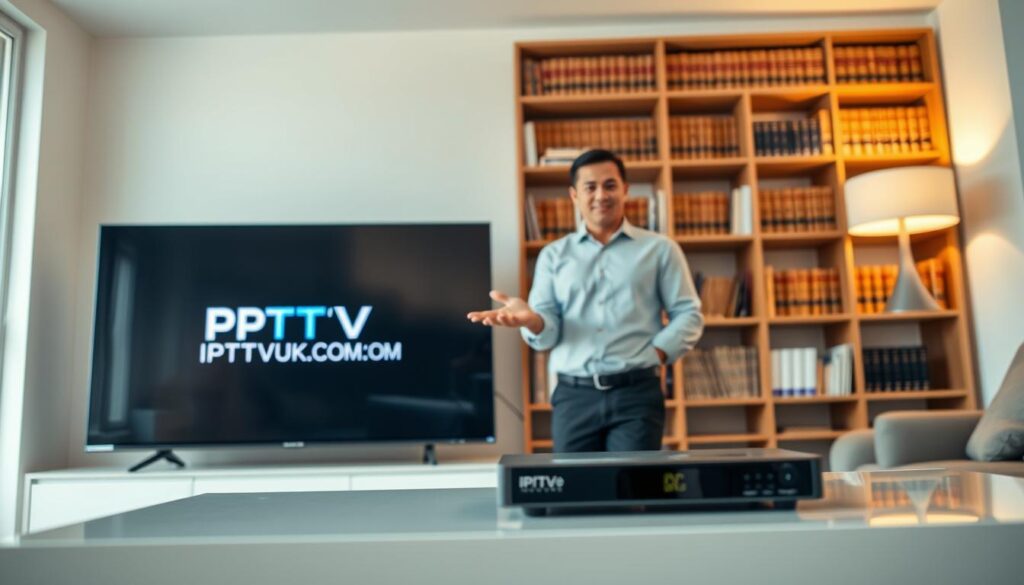 A sleek, modern living room setting as the foreground, featuring a digital television displaying the IPTVVUK.COM logo, highlighting IPTV services. In the middle ground, a friendly, professional-looking person in business casual attire stands beside a streaming device, gesturing towards the TV screen. The background includes soft-focus bookshelves filled with legal books, symbolizing the legal considerations of IPTV in the USA. The lighting is warm and inviting, creating a comfortable atmosphere, while natural light filters in through a window. Camera angle is slightly low, giving a sense of depth and focus on the IPTV services. The overall mood is informative yet engaging, perfect for understanding the topic at hand. A sleek, modern living room setting as the foreground, featuring a digital television displaying the IPTVVUK.COM logo, highlighting IPTV services. In the middle ground, a friendly, professional-looking person in business casual attire stands beside a streaming device, gesturing towards the TV screen. The background includes soft-focus bookshelves filled with legal books, symbolizing the legal considerations of IPTV in the USA. The lighting is warm and inviting, creating a comfortable atmosphere, while natural light filters in through a window. Camera angle is slightly low, giving a sense of depth and focus on the IPTV services. The overall mood is informative yet engaging, perfect for understanding the topic at hand.