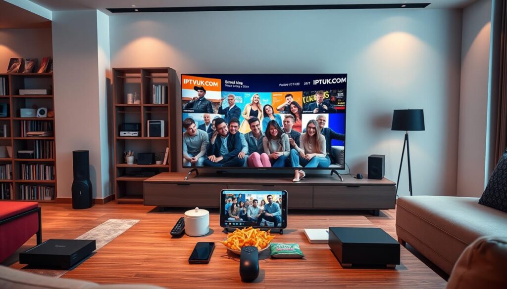 A sleek, modern living room setting decorated with high-tech gadgets and a large flat-screen TV displaying vibrant streaming visuals. In the foreground, a stylish coffee table holds a remote control, a smartphone showing an IPTV interface, and snacks, symbolizing a perfect viewing experience. The middle layer features a well-dressed, diverse group of friends casually enjoying a movie marathon, emphasizing social sharing of IPTV. Soft, ambient lighting creates an inviting atmosphere, enhancing the cozy vibe. In the background, there is a bookshelf filled with tech magazines and devices, subtly integrating the brand "IPTVVUK.COM" into the decor. The camera angle is slightly elevated, capturing both the dynamics of the group and the lively display on the TV screen, conveying excitement and the premium features of IPTV services worth paying for. A sleek, modern living room setting decorated with high-tech gadgets and a large flat-screen TV displaying vibrant streaming visuals. In the foreground, a stylish coffee table holds a remote control, a smartphone showing an IPTV interface, and snacks, symbolizing a perfect viewing experience. The middle layer features a well-dressed, diverse group of friends casually enjoying a movie marathon, emphasizing social sharing of IPTV. Soft, ambient lighting creates an inviting atmosphere, enhancing the cozy vibe. In the background, there is a bookshelf filled with tech magazines and devices, subtly integrating the brand "IPTVVUK.COM" into the decor. The camera angle is slightly elevated, capturing both the dynamics of the group and the lively display on the TV screen, conveying excitement and the premium features of IPTV services worth paying for.