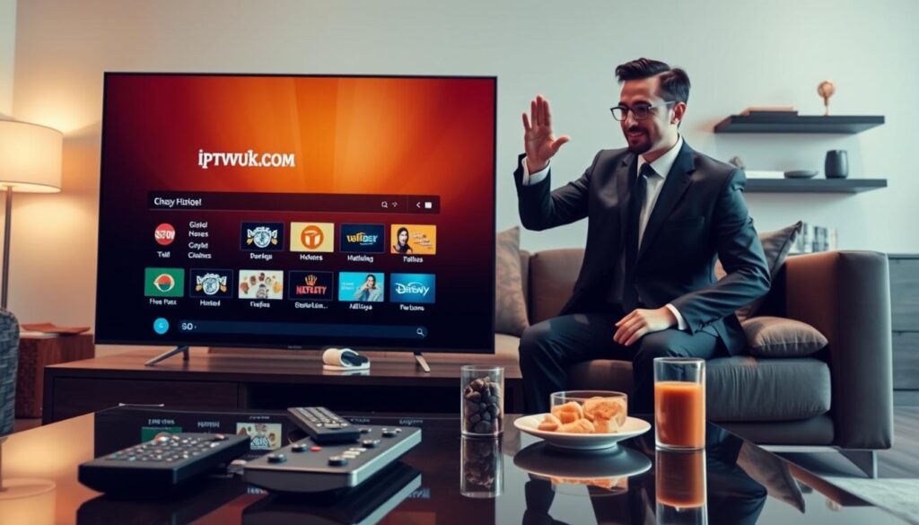 A sleek, modern living room setting features a large flat-screen TV displaying an IPTV channel selection interface from "IPTVVUK.COM". In the foreground, a stylish remote control rests on a polished coffee table, surrounded by snacks and drinks, indicating a cozy viewing experience. The middle ground showcases a comfortable sofa with plush cushions, and a person in professional business attire reviews their channel options, exuding excitement and satisfaction. In the background, soft ambient lighting creates a warm atmosphere, illuminating contemporary wall art and shelves with decorative items. The scene is captured from a slightly elevated angle, emphasizing both the TV screen and the person, inviting viewers into the modern IPTV experience. A sleek, modern living room setting features a large flat-screen TV displaying an IPTV channel selection interface from "IPTVVUK.COM". In the foreground, a stylish remote control rests on a polished coffee table, surrounded by snacks and drinks, indicating a cozy viewing experience. The middle ground showcases a comfortable sofa with plush cushions, and a person in professional business attire reviews their channel options, exuding excitement and satisfaction. In the background, soft ambient lighting creates a warm atmosphere, illuminating contemporary wall art and shelves with decorative items. The scene is captured from a slightly elevated angle, emphasizing both the TV screen and the person, inviting viewers into the modern IPTV experience.