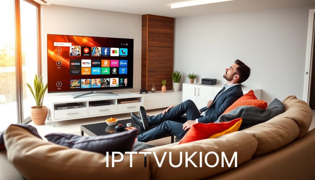 A sleek modern living room setting, featuring a large flat-screen TV displaying a vibrant array of IPTV channels, highlighted by a user-friendly interface. In the foreground, a comfortable couch adorned with colorful throw pillows invites viewers to settle in. A coffee table holds a remote control and snacks, creating a cozy atmosphere. The middle ground showcases a stylish entertainment unit with gaming consoles and decorative plants, while in the background, large windows let in warm, natural light that enhances the welcoming mood. A professional individual, dressed in smart casual attire, leans back, engrossed in enjoyable streaming content. In the bottom corner, the logo "IPTVVUK.COM" is subtly integrated. The focus is on comfort and the advantages of IPTV, capturing a tech-savvy audience in a safe, inviting environment. A sleek modern living room setting, featuring a large flat-screen TV displaying a vibrant array of IPTV channels, highlighted by a user-friendly interface. In the foreground, a comfortable couch adorned with colorful throw pillows invites viewers to settle in. A coffee table holds a remote control and snacks, creating a cozy atmosphere. The middle ground showcases a stylish entertainment unit with gaming consoles and decorative plants, while in the background, large windows let in warm, natural light that enhances the welcoming mood. A professional individual, dressed in smart casual attire, leans back, engrossed in enjoyable streaming content. In the bottom corner, the logo "IPTVVUK.COM" is subtly integrated. The focus is on comfort and the advantages of IPTV, capturing a tech-savvy audience in a safe, inviting environment.