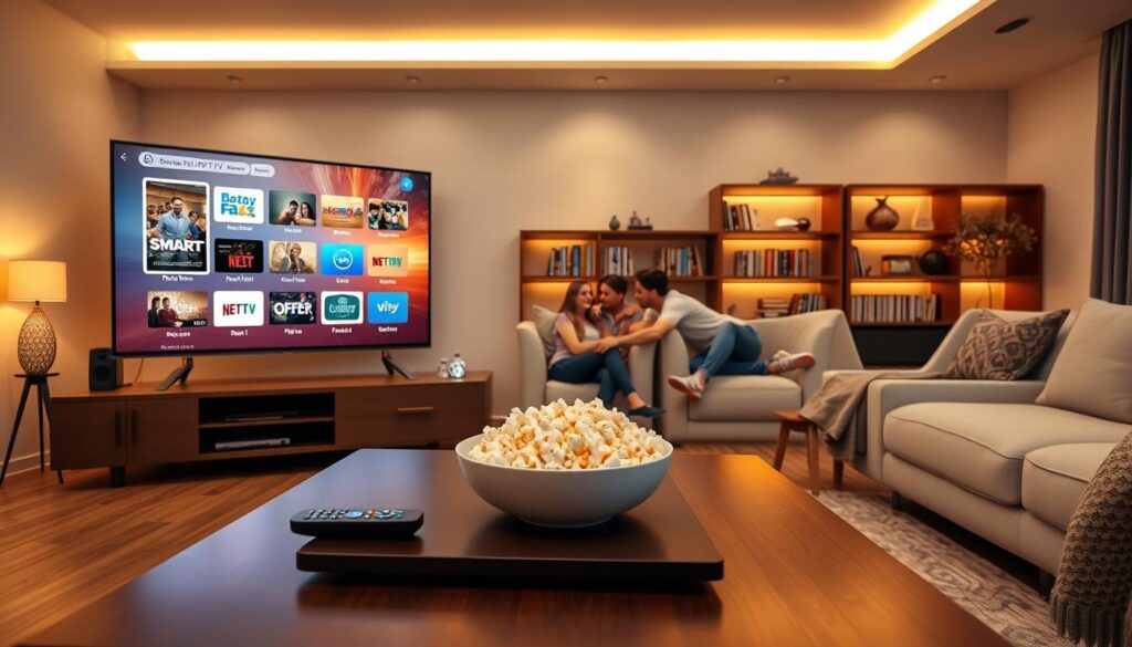 A sleek, modern living room setting featuring a large flat-screen TV prominently displaying Smartone IPTV features. In the foreground, a stylish coffee table holds a remote control and a bowl of popcorn, inviting viewers to imagine streaming. The middle ground showcases a comfortable sofa with a family enjoying the experience, dressed in casual attire, embodying warmth and togetherness. The background includes a soft-lit bookshelf filled with DVDs and decorative items, enhancing the homey atmosphere. Use warm, welcoming lighting to create a cozy vibe, shot with a slight angle to convey depth. The composition should evoke a sense of security and affordability, highlighting the enjoyment of Smartone IPTV streaming solutions, with "IPTVVUK.COM" subtly included in the decor as a small logo or symbol on the TV screen. A sleek, modern living room setting featuring a large flat-screen TV prominently displaying Smartone IPTV features. In the foreground, a stylish coffee table holds a remote control and a bowl of popcorn, inviting viewers to imagine streaming. The middle ground showcases a comfortable sofa with a family enjoying the experience, dressed in casual attire, embodying warmth and togetherness. The background includes a soft-lit bookshelf filled with DVDs and decorative items, enhancing the homey atmosphere. Use warm, welcoming lighting to create a cozy vibe, shot with a slight angle to convey depth. The composition should evoke a sense of security and affordability, highlighting the enjoyment of Smartone IPTV streaming solutions, with "IPTVVUK.COM" subtly included in the decor as a small logo or symbol on the TV screen.