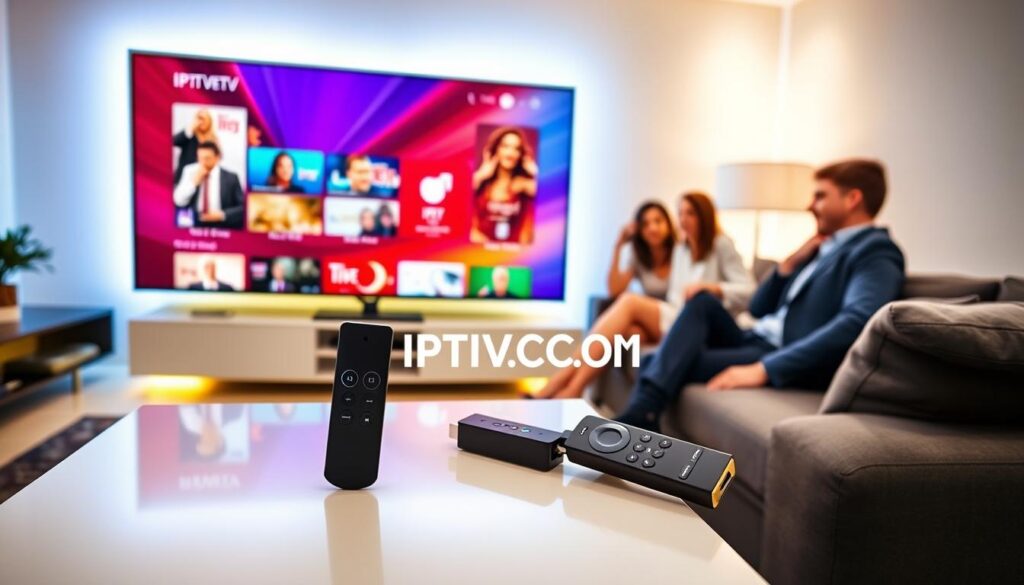 A sleek, modern living room setup centered around a large flat-screen TV displaying vibrant IPTV streaming visuals, featuring colorful channels and content previews. In the foreground, a stylish coffee table holds a remote control and a high-tech Firestick device. The middle ground showcases an inviting sofa where a pair of individuals, dressed in smart casual attire, excitedly engage with the TV. The background includes a soft glow from ambient lighting, casting a warm atmosphere. This tech-savvy environment reflects the quality and ease of IPTV streaming. Use a wide-angle lens perspective to emphasize the space, ensuring clarity and detail in the image. Incorporate the branding "IPTVVUK.COM" subtly within the scene, adding to the professionalism of the setting. A sleek, modern living room setup centered around a large flat-screen TV displaying vibrant IPTV streaming visuals, featuring colorful channels and content previews. In the foreground, a stylish coffee table holds a remote control and a high-tech Firestick device. The middle ground showcases an inviting sofa where a pair of individuals, dressed in smart casual attire, excitedly engage with the TV. The background includes a soft glow from ambient lighting, casting a warm atmosphere. This tech-savvy environment reflects the quality and ease of IPTV streaming. Use a wide-angle lens perspective to emphasize the space, ensuring clarity and detail in the image. Incorporate the branding "IPTVVUK.COM" subtly within the scene, adding to the professionalism of the setting.