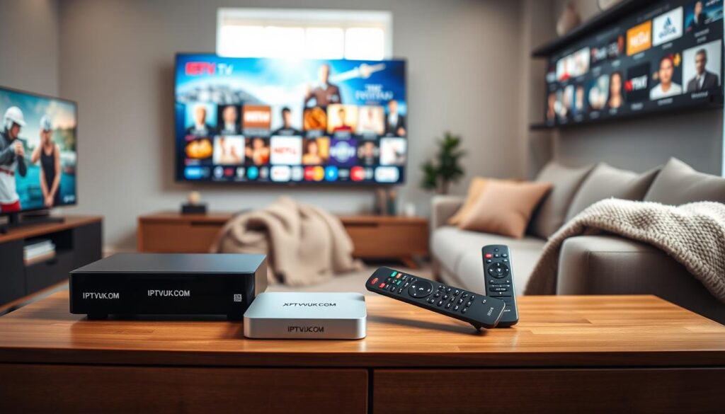 A sleek, modern living room setup showcasing a variety of IPTV devices, including a streaming box, smart TV, and remote control, all branded with "IPTVVUK.COM". In the foreground, the IPTV devices are displayed prominently on an elegant wooden media console, with a high-resolution screen in the background displaying vivid images of a diverse selection of channels. The middle ground features a comfortable sofa with a cozy throw, adding warmth to the scene. Soft ambient lighting enhances the inviting atmosphere, while subtle window light creates a balanced, natural look. The overall mood is modern and tech-savvy, emphasizing the compatibility and versatility of Xtreme HD IPTV in a stylish home environment. A sleek, modern living room setup showcasing a variety of IPTV devices, including a streaming box, smart TV, and remote control, all branded with "IPTVVUK.COM". In the foreground, the IPTV devices are displayed prominently on an elegant wooden media console, with a high-resolution screen in the background displaying vivid images of a diverse selection of channels. The middle ground features a comfortable sofa with a cozy throw, adding warmth to the scene. Soft ambient lighting enhances the inviting atmosphere, while subtle window light creates a balanced, natural look. The overall mood is modern and tech-savvy, emphasizing the compatibility and versatility of Xtreme HD IPTV in a stylish home environment.