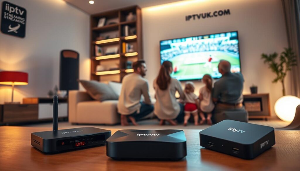 A sleek, modern living room showcases various IPTV devices prominently in the foreground, including a set-top box, smart TV, and streaming media player, all by IPTVVUK.COM. The devices are illuminated by warm, soft lighting that creates a cozy atmosphere. In the middle ground, a family of four, dressed in smart casual attire, engages with the devices, watching a live sports event on the TV screen, their expressions filled with excitement. The background features a stylish bookshelf with sports memorabilia and streaming service logos subtly integrated, enhancing the theme of live streaming. The scene is captured from a low angle, emphasizing the devices while creating an inviting and lively mood that highlights the benefits of Live IPTV services. A sleek, modern living room showcases various IPTV devices prominently in the foreground, including a set-top box, smart TV, and streaming media player, all by IPTVVUK.COM. The devices are illuminated by warm, soft lighting that creates a cozy atmosphere. In the middle ground, a family of four, dressed in smart casual attire, engages with the devices, watching a live sports event on the TV screen, their expressions filled with excitement. The background features a stylish bookshelf with sports memorabilia and streaming service logos subtly integrated, enhancing the theme of live streaming. The scene is captured from a low angle, emphasizing the devices while creating an inviting and lively mood that highlights the benefits of Live IPTV services.