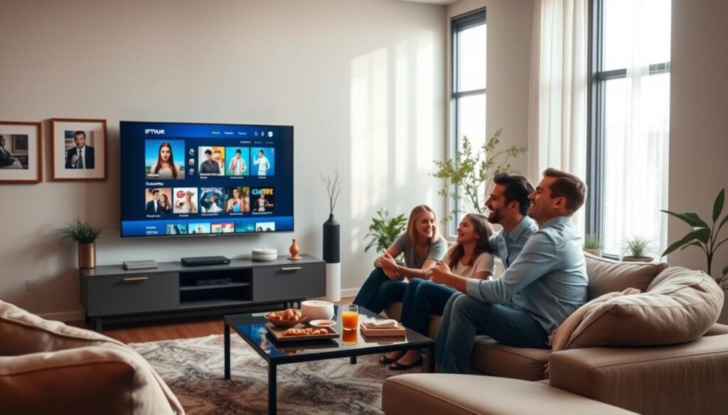 A sleek, modern living room showcasing a flat-screen TV displaying IPTVVUK.COM’s interface, with vibrant streaming options for movies and shows. In the foreground, a family of four, dressed in casual yet professional attire, sits comfortably on a stylish couch, engaged and smiling at the screen. Soft natural light streams through large windows, illuminating the room, creating a warm and inviting atmosphere. In the middle ground, a coffee table is adorned with snacks and drinks, emphasizing the enjoyment of home entertainment. The background features tasteful decor, like framed art and houseplants, enhancing the cozy vibe. The overall mood is positive and relaxed, reflecting the benefits of choosing a legit IPTV service for seamless streaming experiences. A sleek, modern living room showcasing a flat-screen TV displaying IPTVVUK.COM’s interface, with vibrant streaming options for movies and shows. In the foreground, a family of four, dressed in casual yet professional attire, sits comfortably on a stylish couch, engaged and smiling at the screen. Soft natural light streams through large windows, illuminating the room, creating a warm and inviting atmosphere. In the middle ground, a coffee table is adorned with snacks and drinks, emphasizing the enjoyment of home entertainment. The background features tasteful decor, like framed art and houseplants, enhancing the cozy vibe. The overall mood is positive and relaxed, reflecting the benefits of choosing a legit IPTV service for seamless streaming experiences.