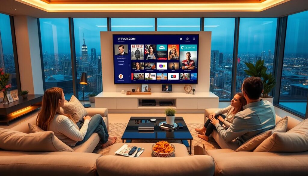 A sleek, modern living room with a large, high-definition flat-screen TV prominently displaying an advanced IPTV interface. In the foreground, a family of four is gathered on a stylish sofa, viewing various IPTV features like on-demand content, live TV, and interactive menus. The middle ground showcases a coffee table with smart devices, remotes, and snacks. The background includes elegant decor, soft ambient lighting, and a view of a vibrant city through large windows. The atmosphere feels cozy and inviting, embodying the shift from traditional cable to innovative IPTV solutions. Capture this scene with a wide-angle lens to emphasize the smart living experience. Include the brand name "IPTVVUK.COM" subtly integrated into the design of the IPTV interface. A sleek, modern living room with a large, high-definition flat-screen TV prominently displaying an advanced IPTV interface. In the foreground, a family of four is gathered on a stylish sofa, viewing various IPTV features like on-demand content, live TV, and interactive menus. The middle ground showcases a coffee table with smart devices, remotes, and snacks. The background includes elegant decor, soft ambient lighting, and a view of a vibrant city through large windows. The atmosphere feels cozy and inviting, embodying the shift from traditional cable to innovative IPTV solutions. Capture this scene with a wide-angle lens to emphasize the smart living experience. Include the brand name "IPTVVUK.COM" subtly integrated into the design of the IPTV interface.