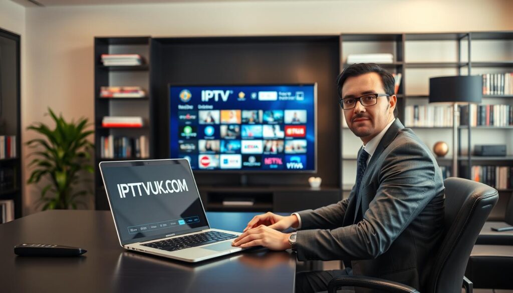 A sleek, modern office environment showcasing the concept of legitimate IPTV services. In the foreground, a professional businessperson in smart attire is seated at a desk with a laptop open, displaying the IPTVVUK.COM website. The middle ground includes a flat-screen TV displaying a variety of streaming channels, with a subtle glow, highlighting its sleek design. The background features stylish shelving filled with books on technology and media, with soft, warm lighting creating an inviting atmosphere. The composition is balanced and captures a sense of professionalism and trustworthiness, with the lens focused to create a slight depth of field, emphasizing the desk and the IPTV service while softly blurring the background. A sleek, modern office environment showcasing the concept of legitimate IPTV services. In the foreground, a professional businessperson in smart attire is seated at a desk with a laptop open, displaying the IPTVVUK.COM website. The middle ground includes a flat-screen TV displaying a variety of streaming channels, with a subtle glow, highlighting its sleek design. The background features stylish shelving filled with books on technology and media, with soft, warm lighting creating an inviting atmosphere. The composition is balanced and captures a sense of professionalism and trustworthiness, with the lens focused to create a slight depth of field, emphasizing the desk and the IPTV service while softly blurring the background.