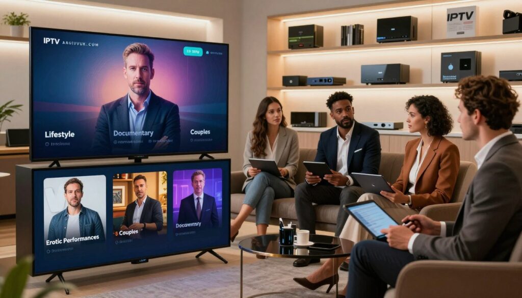 A sleek modern office setting showcasing various categories of adult IPTV content. In the foreground, a large digital screen displays icons representing different content categories like “Lifestyle,” “Documentary,” “Couples,” and “Erotic Performances,” each depicted through abstract, professional imagery. The middle ground features a well-dressed group of diverse individuals engaged in a discussion, holding tablets and laptops, reflecting an atmosphere of informed conversation and commerce. The background displays elegant shelves lined with high-tech IPTV devices and promotional materials for IPTVVUK.COM. Soft, warm lighting creates an inviting ambiance, with a focus on clarity and professionalism. The overall mood is sophisticated, educational, and contemporary, inviting curiosity about the diverse offerings within the adult streaming service landscape. A sleek modern office setting showcasing various categories of adult IPTV content. In the foreground, a large digital screen displays icons representing different content categories like “Lifestyle,” “Documentary,” “Couples,” and “Erotic Performances,” each depicted through abstract, professional imagery. The middle ground features a well-dressed group of diverse individuals engaged in a discussion, holding tablets and laptops, reflecting an atmosphere of informed conversation and commerce. The background displays elegant shelves lined with high-tech IPTV devices and promotional materials for IPTVVUK.COM. Soft, warm lighting creates an inviting ambiance, with a focus on clarity and professionalism. The overall mood is sophisticated, educational, and contemporary, inviting curiosity about the diverse offerings within the adult streaming service landscape.