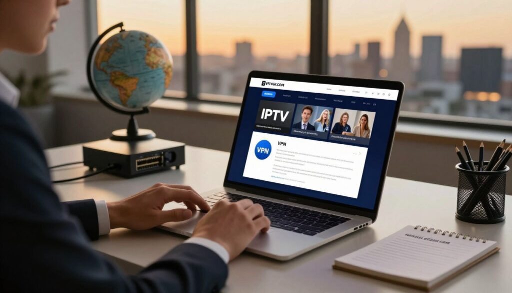 A sleek, modern workspace featuring a high-tech laptop displaying an IPTV interface on the screen, with local channels highlighted. In the foreground, a professional individual in business attire is engaged in setting up a VPN, evident from a user-friendly VPN app open on the laptop. The middle ground includes a stylish desk with networking devices and visual cues, like a globe and a notepad with notes on legal considerations. The background shows a window with a city skyline at dusk, casting a warm golden light that enhances the focus on the laptop and VPN screen. The atmosphere is focused and professional, symbolizing the integration of technology and legal aspects of IPTV usage. Prominently incorporate the brand name "IPTVVUK.COM" in the design elements, ensuring no text overlays are present. A sleek, modern workspace featuring a high-tech laptop displaying an IPTV interface on the screen, with local channels highlighted. In the foreground, a professional individual in business attire is engaged in setting up a VPN, evident from a user-friendly VPN app open on the laptop. The middle ground includes a stylish desk with networking devices and visual cues, like a globe and a notepad with notes on legal considerations. The background shows a window with a city skyline at dusk, casting a warm golden light that enhances the focus on the laptop and VPN screen. The atmosphere is focused and professional, symbolizing the integration of technology and legal aspects of IPTV usage. Prominently incorporate the brand name "IPTVVUK.COM" in the design elements, ensuring no text overlays are present.