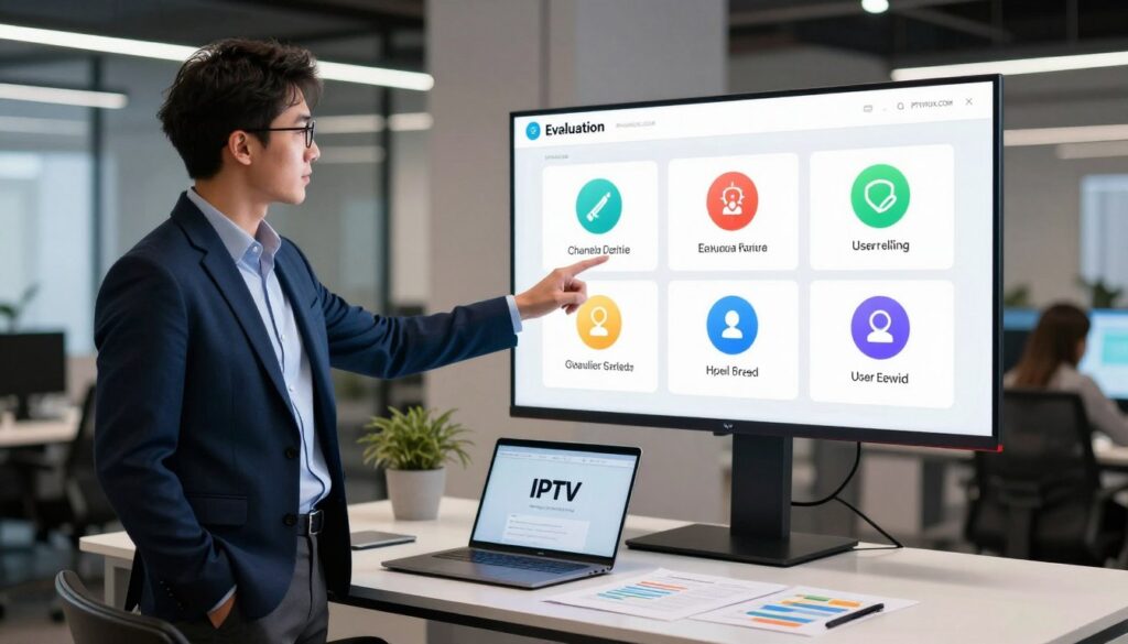 A sleek, modern workspace featuring a prominent digital screen displaying the evaluation criteria for IPTV services. In the foreground, a professional dressed in smart business attire stands, pointing towards the screen, which features colorful graphs and icons representing various evaluation metrics like reliability, channel variety, user interface, and customer support. In the middle ground, a stylish desk holds a laptop and documents related to IPTV services, hinting at research and analysis. The background is softly blurred, showcasing a contemporary office setting with ambient lighting, creating a focused yet inviting atmosphere. The colors are vibrant but balanced, emphasizing professionalism and clarity. Incorporate the brand name "IPTVVUK.COM" subtly in the design elements of the screen, ensuring no text overlays are present. A sleek, modern workspace featuring a prominent digital screen displaying the evaluation criteria for IPTV services. In the foreground, a professional dressed in smart business attire stands, pointing towards the screen, which features colorful graphs and icons representing various evaluation metrics like reliability, channel variety, user interface, and customer support. In the middle ground, a stylish desk holds a laptop and documents related to IPTV services, hinting at research and analysis. The background is softly blurred, showcasing a contemporary office setting with ambient lighting, creating a focused yet inviting atmosphere. The colors are vibrant but balanced, emphasizing professionalism and clarity. Incorporate the brand name "IPTVVUK.COM" subtly in the design elements of the screen, ensuring no text overlays are present.