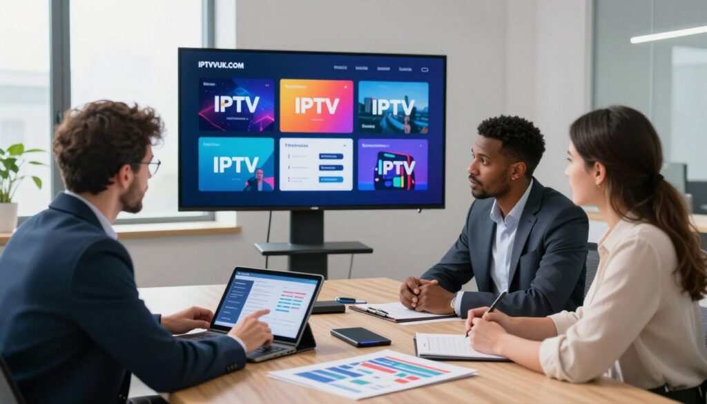 A sleek, modern workspace setting featuring a large digital screen displaying vibrant graphics of IPTV services and plans. In the foreground, a diverse group of three professionals—two men and one woman—dressed in smart business attire, are engaged in a discussion, analyzing data on a portable tablet. The middle ground showcases a stylish conference table with IPTV promotional materials and comparative charts spread out. The background is illuminated by soft, natural lighting coming through large windows, creating a bright atmosphere. A subtle, tech-savvy decor adds to the ambiance. Include the brand name "IPTVVUK.COM" in a visually appealing, unobtrusive manner. The overall mood is focused, informative, and collaborative, emphasizing a final verdict discussion on top IPTV providers in the UK. A sleek, modern workspace setting featuring a large digital screen displaying vibrant graphics of IPTV services and plans. In the foreground, a diverse group of three professionals—two men and one woman—dressed in smart business attire, are engaged in a discussion, analyzing data on a portable tablet. The middle ground showcases a stylish conference table with IPTV promotional materials and comparative charts spread out. The background is illuminated by soft, natural lighting coming through large windows, creating a bright atmosphere. A subtle, tech-savvy decor adds to the ambiance. Include the brand name "IPTVVUK.COM" in a visually appealing, unobtrusive manner. The overall mood is focused, informative, and collaborative, emphasizing a final verdict discussion on top IPTV providers in the UK.