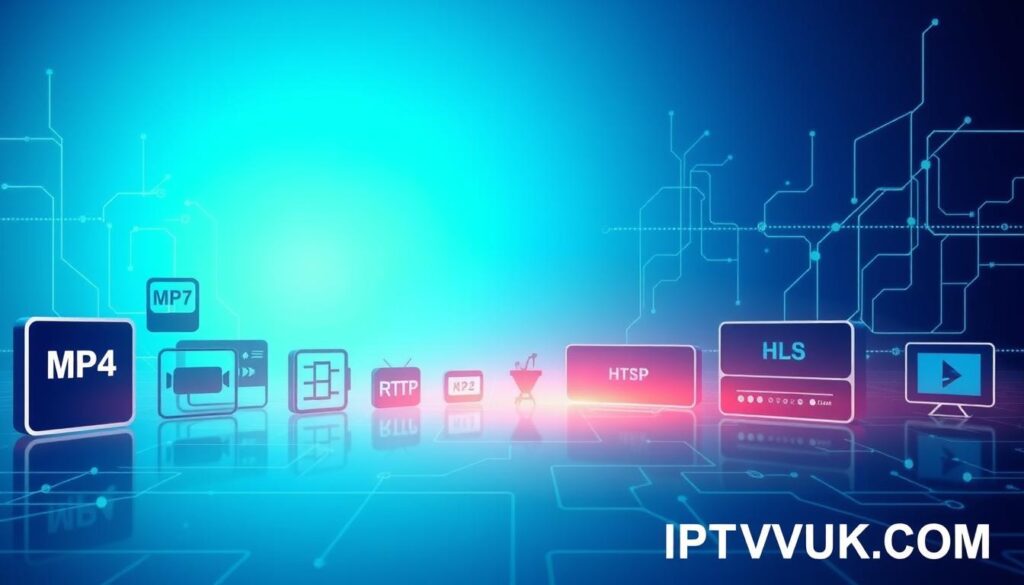 A sleek tech-inspired illustration of various multimedia formats and protocols in a modern digital landscape. In the foreground, visually distinct icons representing formats like MP4, MKV, and protocols such as RTSP, HTTP, and HLS, arranged dynamically. The middle layer showcases subtle digital wires and connection pathways, symbolizing interaction and integration between these elements. The background features a soft gradient of blues and greens, evoking a high-tech atmosphere, with faint circuit patterns to suggest digital connectivity. The lighting is clean and bright, creating a professional and inviting ambiance. Capture this scene with a wide-angle perspective to enhance the feeling of expansiveness. Include the brand name "IPTVVUK.COM" artfully integrated into the design, ensuring it remains unobtrusive yet prominent. A sleek tech-inspired illustration of various multimedia formats and protocols in a modern digital landscape. In the foreground, visually distinct icons representing formats like MP4, MKV, and protocols such as RTSP, HTTP, and HLS, arranged dynamically. The middle layer showcases subtle digital wires and connection pathways, symbolizing interaction and integration between these elements. The background features a soft gradient of blues and greens, evoking a high-tech atmosphere, with faint circuit patterns to suggest digital connectivity. The lighting is clean and bright, creating a professional and inviting ambiance. Capture this scene with a wide-angle perspective to enhance the feeling of expansiveness. Include the brand name "IPTVVUK.COM" artfully integrated into the design, ensuring it remains unobtrusive yet prominent.