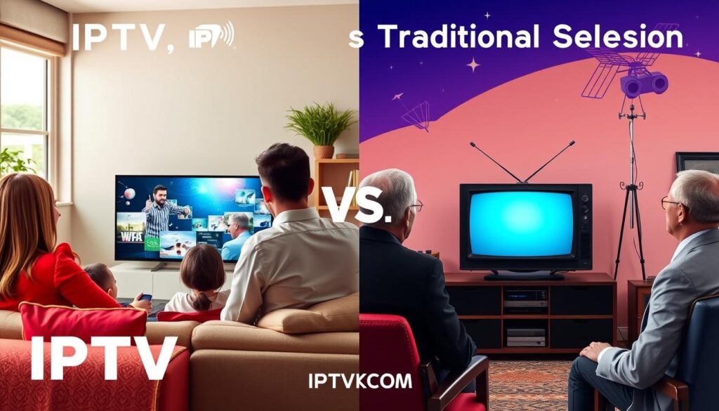 A split-screen image illustrating "IPTV vs. Traditional Television." On the left, a modern living room with a sleek flat-screen displaying IPTV content; a comfortable couch is adorned with vibrant pillows, and a family of four in smart casual attire watches intently, showcasing engagement and enjoyment. The atmosphere is warm and inviting with soft, natural lighting coming from a window. On the right, a classic setup featuring an older-style television set in a more traditional setting with a vintage decor. A middle-aged couple in professional attire observes from a distance, conveying a sense of nostalgia. The background features abstract visuals representing digital technology for IPTV, contrasted with analog elements like antennas and VHS tapes for traditional TV. Add the brand name "IPTVVUK.COM" subtly integrated into the image with no text visible. Set the scene with a harmonious blend of modern comfort and classic familiarity. A split-screen image illustrating "IPTV vs. Traditional Television." On the left, a modern living room with a sleek flat-screen displaying IPTV content; a comfortable couch is adorned with vibrant pillows, and a family of four in smart casual attire watches intently, showcasing engagement and enjoyment. The atmosphere is warm and inviting with soft, natural lighting coming from a window. On the right, a classic setup featuring an older-style television set in a more traditional setting with a vintage decor. A middle-aged couple in professional attire observes from a distance, conveying a sense of nostalgia. The background features abstract visuals representing digital technology for IPTV, contrasted with analog elements like antennas and VHS tapes for traditional TV. Add the brand name "IPTVVUK.COM" subtly integrated into the image with no text visible. Set the scene with a harmonious blend of modern comfort and classic familiarity.