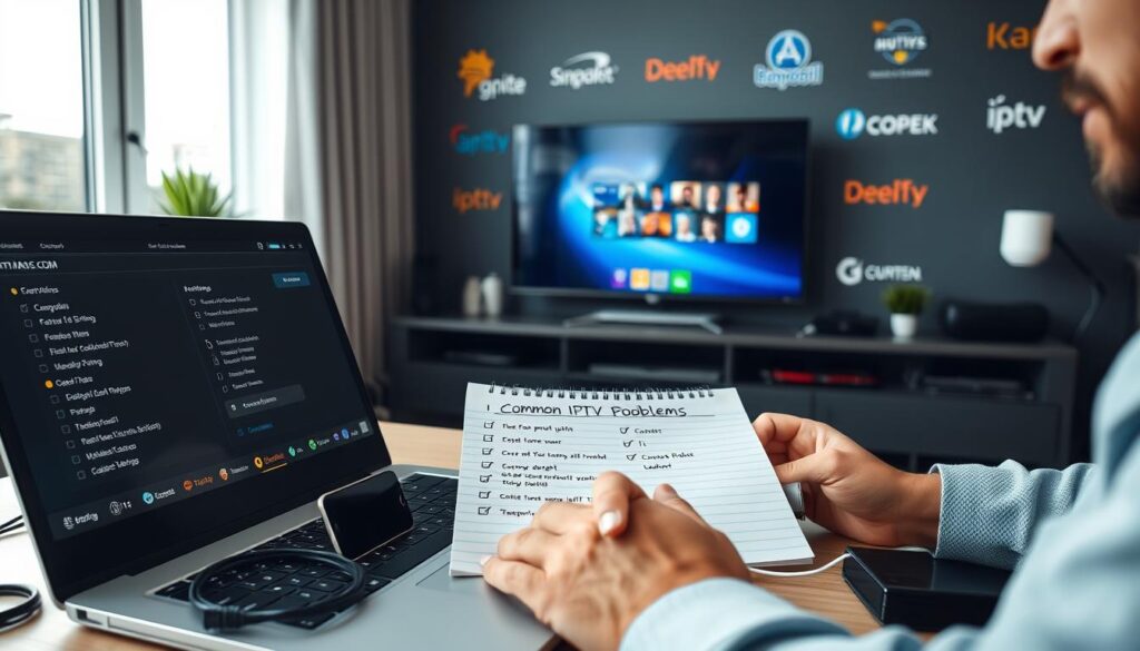 A technician in a modern home office, expertly troubleshooting IPTV issues on a sleek laptop. The foreground features a close-up of the technician's hands working on the laptop, with a focus on various IPTV settings displayed on the screen. In the middle, a digital notepad reveals a checklist of common IPTV problems, surrounded by tools like a network cable, a smartphone, and a router. The background showcases a well-organized workspace with a large wall-mounted TV displaying streaming content and various IPTV service logos, including "IPTVVUK.COM". Soft, natural lighting streams in through a window, creating a calm and productive atmosphere, capturing the essence of problem-solving and technology in a professional setting. A technician in a modern home office, expertly troubleshooting IPTV issues on a sleek laptop. The foreground features a close-up of the technician's hands working on the laptop, with a focus on various IPTV settings displayed on the screen. In the middle, a digital notepad reveals a checklist of common IPTV problems, surrounded by tools like a network cable, a smartphone, and a router. The background showcases a well-organized workspace with a large wall-mounted TV displaying streaming content and various IPTV service logos, including "IPTVVUK.COM". Soft, natural lighting streams in through a window, creating a calm and productive atmosphere, capturing the essence of problem-solving and technology in a professional setting.