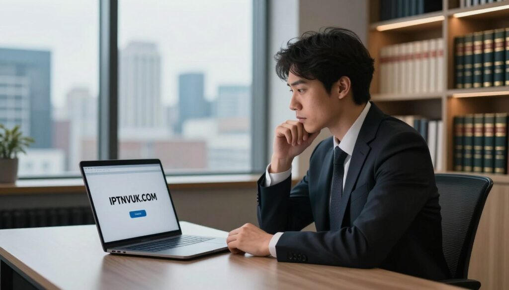 A thoughtful depiction of IPTV legality in a modern office setting. Foreground: a professional person in business attire, sitting at a sleek desk with a laptop displaying IPTVVUK.COM, their expression reflecting concentration and determination. Middle ground: a large window revealing a city skyline, symbolizing the digital age and connectivity. Background: bookshelves filled with legal texts and technology references, softly illuminated. Soft, ambient lighting creates a warm and focused atmosphere. The lens captures a slight depth of field, emphasizing the person and the laptop while blurring the background gently. The mood conveys professionalism and a sense of responsibility, illustrating the theme of legal considerations in IPTV services. A thoughtful depiction of IPTV legality in a modern office setting. Foreground: a professional person in business attire, sitting at a sleek desk with a laptop displaying IPTVVUK.COM, their expression reflecting concentration and determination. Middle ground: a large window revealing a city skyline, symbolizing the digital age and connectivity. Background: bookshelves filled with legal texts and technology references, softly illuminated. Soft, ambient lighting creates a warm and focused atmosphere. The lens captures a slight depth of field, emphasizing the person and the laptop while blurring the background gently. The mood conveys professionalism and a sense of responsibility, illustrating the theme of legal considerations in IPTV services.