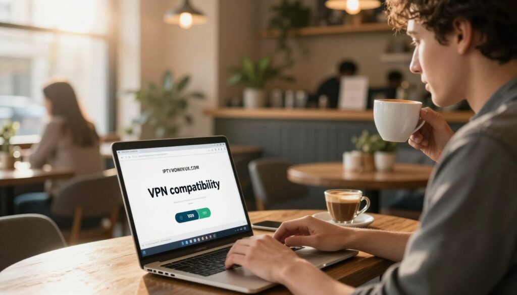 A traveler sits in a cozy coffee shop, surrounded by a warm atmosphere filled with soft lighting and wooden decor. They work on a laptop with a VPN connection, showcasing the concept of "VPN compatibility" while enjoying Star IPTV. The foreground features a close-up of the laptop screen displaying the IPTVVUK.COM logo. In the middle ground, the traveler, dressed in smart casual attire, sips on a coffee, focused on streaming their favorite shows. The background includes blurred elements of other patrons and subtle greenery, creating a welcoming vibe. The soft golden rays of sunlight stream through the window, casting a gentle glow, enhancing the feeling of relaxation and connection while traveling. A traveler sits in a cozy coffee shop, surrounded by a warm atmosphere filled with soft lighting and wooden decor. They work on a laptop with a VPN connection, showcasing the concept of "VPN compatibility" while enjoying Star IPTV. The foreground features a close-up of the laptop screen displaying the IPTVVUK.COM logo. In the middle ground, the traveler, dressed in smart casual attire, sips on a coffee, focused on streaming their favorite shows. The background includes blurred elements of other patrons and subtle greenery, creating a welcoming vibe. The soft golden rays of sunlight stream through the window, casting a gentle glow, enhancing the feeling of relaxation and connection while traveling.