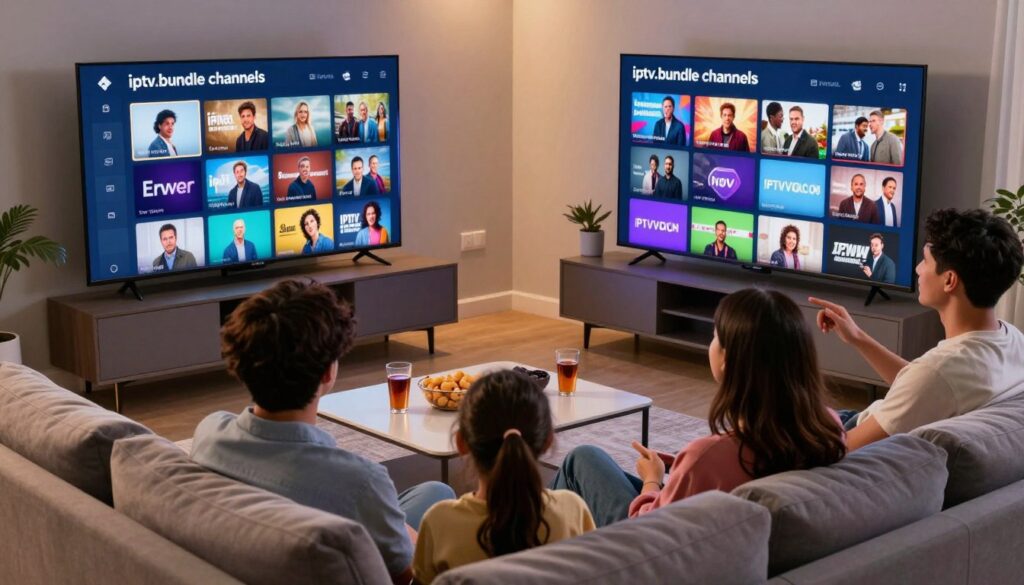 A vibrant and engaging scene depicting the concept of "iptv.bundle channels." In the foreground, a modern living room setup with a sleek TV displaying a colorful interface of bundled IPTV channels, showcasing various genres from entertainment to news. A family of four, dressed in casual, modest attire, sits comfortably on a stylish sofa, engaged in watching their favorite shows, radiating a sense of enjoyment. In the middle ground, a coffee table holds snacks and drinks, contributing to a cozy atmosphere. The background features soft lighting, creating a warm ambiance. Use a slightly elevated angle to capture the lively interaction among the family and the TV display. The scene conveys a sense of connectivity and family bonding while subtly highlighting the brand "IPTVVUK.COM." A vibrant and engaging scene depicting the concept of "iptv.bundle channels." In the foreground, a modern living room setup with a sleek TV displaying a colorful interface of bundled IPTV channels, showcasing various genres from entertainment to news. A family of four, dressed in casual, modest attire, sits comfortably on a stylish sofa, engaged in watching their favorite shows, radiating a sense of enjoyment. In the middle ground, a coffee table holds snacks and drinks, contributing to a cozy atmosphere. The background features soft lighting, creating a warm ambiance. Use a slightly elevated angle to capture the lively interaction among the family and the TV display. The scene conveys a sense of connectivity and family bonding while subtly highlighting the brand "IPTVVUK.COM."