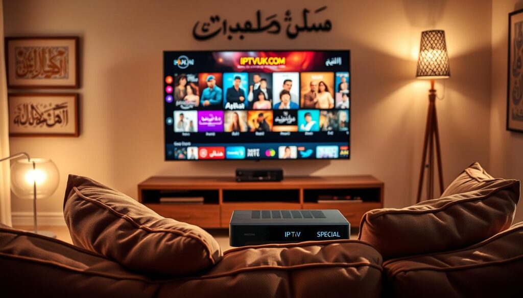 A vibrant and engaging scene showcasing Arabic IPTV content, emphasizing special programming. In the foreground, a stylish living room setting with a large flat-screen TV displaying various Arabic TV shows and movies, featuring colorful thumbnails of popular titles. A comfortable couch with neatly arranged cushions is visible, casting soft shadows on the floor. In the middle, a sleek entertainment unit featuring a high-tech IPTV box with the brand name "IPTVVUK.COM" prominently displayed. The background features a warm, inviting atmosphere with ambient lighting that highlights cultural decor, such as Arabic calligraphy art on the walls and a decorative lamp casting a soft glow. Capture this composition from a slightly elevated angle to emphasize depth and make the scene feel cozy and welcoming, inspiring excitement for the special content available for Arabic viewers. A vibrant and engaging scene showcasing Arabic IPTV content, emphasizing special programming. In the foreground, a stylish living room setting with a large flat-screen TV displaying various Arabic TV shows and movies, featuring colorful thumbnails of popular titles. A comfortable couch with neatly arranged cushions is visible, casting soft shadows on the floor. In the middle, a sleek entertainment unit featuring a high-tech IPTV box with the brand name "IPTVVUK.COM" prominently displayed. The background features a warm, inviting atmosphere with ambient lighting that highlights cultural decor, such as Arabic calligraphy art on the walls and a decorative lamp casting a soft glow. Capture this composition from a slightly elevated angle to emphasize depth and make the scene feel cozy and welcoming, inspiring excitement for the special content available for Arabic viewers.