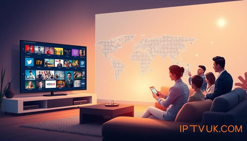 A vibrant and informative illustration showcasing the essential features of IPTV services globally. In the foreground, depict a modern, sleek living room with a large smart TV displaying various streaming options like movies and sports, emphasizing user interface elements such as intuitive menus and personalized recommendations. In the middle, illustrate diverse groups of people (dressed in professional business attire) enjoying their IPTV experience on tablets and smartphones, showcasing the convenience of multi-device usage. In the background, feature a world map subtly highlighted with iconic symbols representing different cultural content available worldwide, such as international movies and live sports. Use warm, inviting lighting to create a cozy atmosphere, with a slight lens flare effect to convey digital innovation. The scene should evoke a sense of global connectivity in entertainment, with a watermark-free branding element of "IPTVVUK.COM" integrated seamlessly into the design. A vibrant and informative illustration showcasing the essential features of IPTV services globally. In the foreground, depict a modern, sleek living room with a large smart TV displaying various streaming options like movies and sports, emphasizing user interface elements such as intuitive menus and personalized recommendations. In the middle, illustrate diverse groups of people (dressed in professional business attire) enjoying their IPTV experience on tablets and smartphones, showcasing the convenience of multi-device usage. In the background, feature a world map subtly highlighted with iconic symbols representing different cultural content available worldwide, such as international movies and live sports. Use warm, inviting lighting to create a cozy atmosphere, with a slight lens flare effect to convey digital innovation. The scene should evoke a sense of global connectivity in entertainment, with a watermark-free branding element of "IPTVVUK.COM" integrated seamlessly into the design.