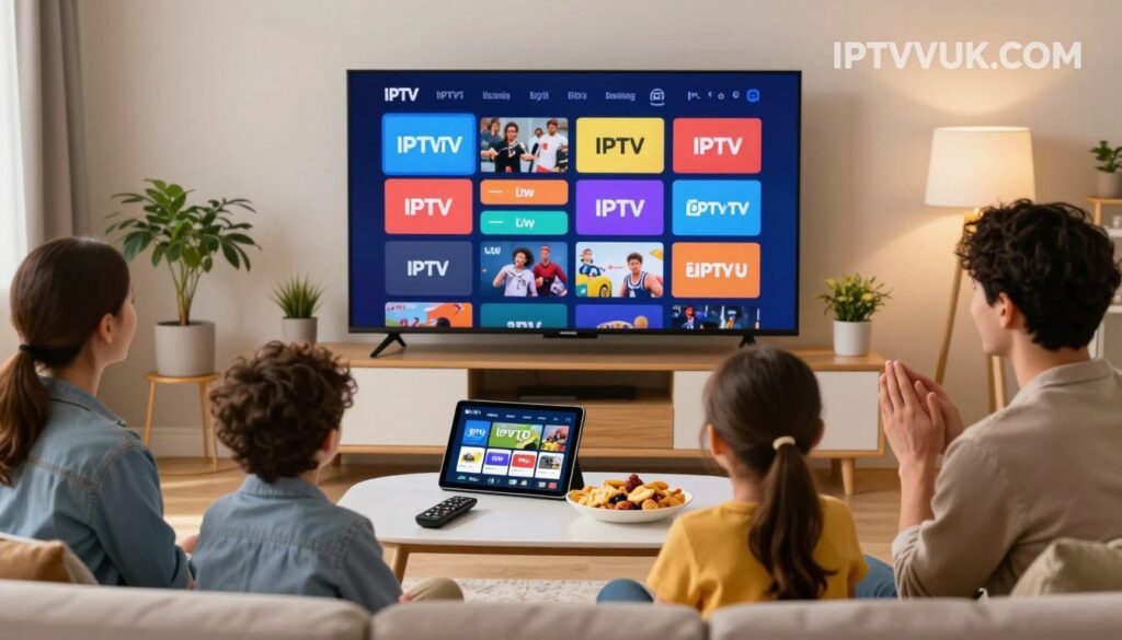A vibrant and informative scene illustrating the benefits of IPTV TV, featuring a stylish living room setting. In the foreground, a family of four, dressed in smart casual attire, is engaged with a large wall-mounted television displaying colorful streaming icons symbolizing various IPTV services. In the middle ground, a sleek coffee table holds a remote control and snacks, while a tablet shows an IPTV app interface, showcasing features like live sports and on-demand content. The background portrays a cozy atmosphere with warm lighting, complemented by potted plants and soft furnishings. A subtle overlay of the brand name "IPTVVUK.COM" in the corner adds branding without text clutter. The mood is inviting and modern, encouraging viewers to appreciate the convenience and variety IPTV TV offers. A vibrant and informative scene illustrating the benefits of IPTV TV, featuring a stylish living room setting. In the foreground, a family of four, dressed in smart casual attire, is engaged with a large wall-mounted television displaying colorful streaming icons symbolizing various IPTV services. In the middle ground, a sleek coffee table holds a remote control and snacks, while a tablet shows an IPTV app interface, showcasing features like live sports and on-demand content. The background portrays a cozy atmosphere with warm lighting, complemented by potted plants and soft furnishings. A subtle overlay of the brand name "IPTVVUK.COM" in the corner adds branding without text clutter. The mood is inviting and modern, encouraging viewers to appreciate the convenience and variety IPTV TV offers.