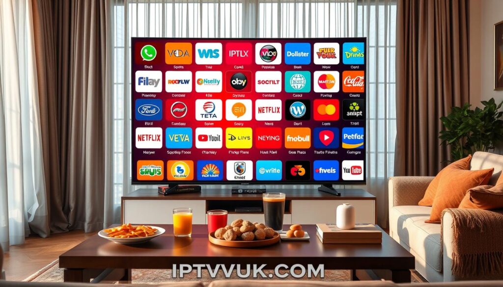A vibrant living room scene showcasing a diverse collection of IPTV channels on a large, modern flat-screen TV. In the foreground, a stylish coffee table adorned with snacks and drinks adds a homely touch. The middle layer features the TV displaying multiple channel logos in a polished, dynamic layout, representing various genres such as sports, movies, news, and children's programming. In the background, light filters through sheer curtains, creating a warm and inviting atmosphere, while a comfortable sofa invites viewers to sit and enjoy. The mood is relaxed and engaging, reflecting the variety of content available through IPTV services, specifically highlighting the brand IPTVVUK.COM. Use natural lighting with a soft focus for a cozy effect, capturing an inviting and enjoyable viewing experience. A vibrant living room scene showcasing a diverse collection of IPTV channels on a large, modern flat-screen TV. In the foreground, a stylish coffee table adorned with snacks and drinks adds a homely touch. The middle layer features the TV displaying multiple channel logos in a polished, dynamic layout, representing various genres such as sports, movies, news, and children's programming. In the background, light filters through sheer curtains, creating a warm and inviting atmosphere, while a comfortable sofa invites viewers to sit and enjoy. The mood is relaxed and engaging, reflecting the variety of content available through IPTV services, specifically highlighting the brand IPTVVUK.COM. Use natural lighting with a soft focus for a cozy effect, capturing an inviting and enjoyable viewing experience.