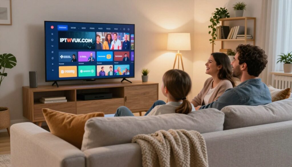A vibrant living room scene showcasing a family enjoying a movie night. In the foreground, a cozy sofa with stylish, neutral-colored cushions and a blanket expertly draped over one arm. A sleek TV mounted on the wall displays a streaming interface, prominently featuring the brand "IPTVVUK.COM". In the middle ground, the family—two adults and a child—are sitting together, laughing and engaged in the show, dressed in casual but neat clothing. Soft, warm lighting from a nearby lamp creates an inviting atmosphere. In the background, shelves decorated with books and plants add a personal touch. The scene conveys joy and togetherness while emphasizing the modern pleasure of streaming entertainment.