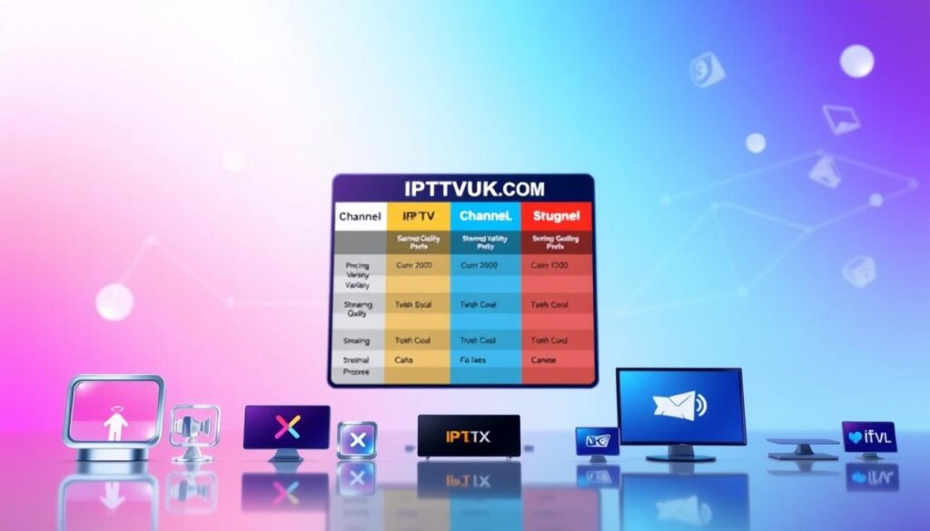A vibrant, professional infographic showcasing a comparison of popular IPTV services. In the foreground, include clear icons representing different IPTV providers, such as "IPTVVUK.COM", depicted in a sleek, modern style. The middle ground features a structured chart or table displaying key features like pricing, channel variety, and streaming quality. Use contrasting colors for each provider to enhance readability. The background should be a subtle gradient, evoking a sense of technology and innovation, possibly with abstract shapes or digital patterns for a tech-savvy feel. The lighting should be bright and clean to ensure clarity, and the perspective should be slightly elevated, giving a comprehensive overview of the IPTV landscape, all while maintaining a professional and informative atmosphere. A vibrant, professional infographic showcasing a comparison of popular IPTV services. In the foreground, include clear icons representing different IPTV providers, such as "IPTVVUK.COM", depicted in a sleek, modern style. The middle ground features a structured chart or table displaying key features like pricing, channel variety, and streaming quality. Use contrasting colors for each provider to enhance readability. The background should be a subtle gradient, evoking a sense of technology and innovation, possibly with abstract shapes or digital patterns for a tech-savvy feel. The lighting should be bright and clean to ensure clarity, and the perspective should be slightly elevated, giving a comprehensive overview of the IPTV landscape, all while maintaining a professional and informative atmosphere.