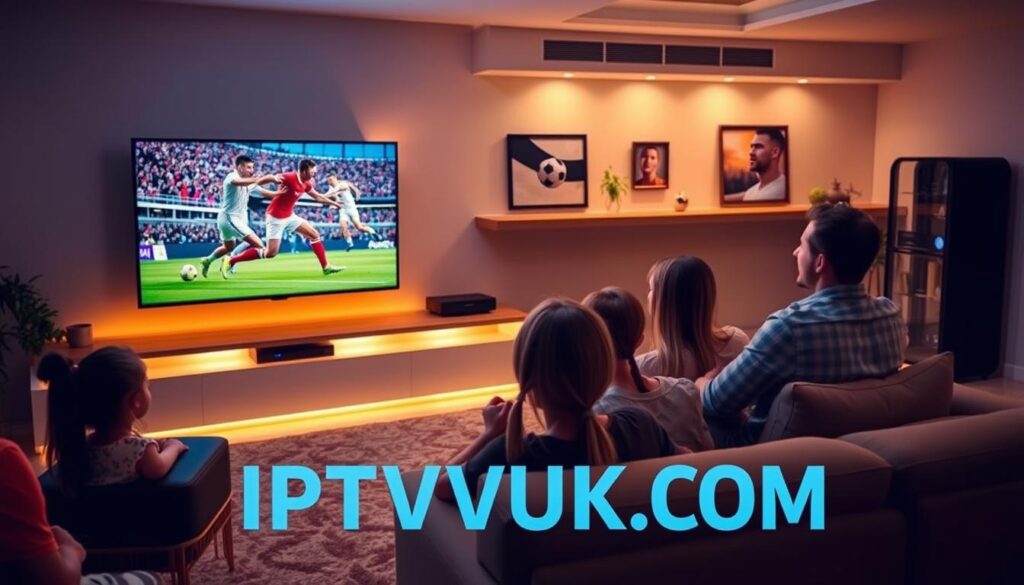 A vibrant scene showcasing live sports streaming, focusing on a sleek modern living room setup. In the foreground, a large flat-screen TV displays an intense football match, with players in action and vivid colors bringing the scene to life. The middle section features a cozy couch with a family of four enjoying the game, dressed in casual attire, showing enthusiasm and excitement. The background showcases a stylish entertainment unit with streaming devices and decor, softly illuminated by warm, ambient lighting for a welcoming atmosphere. The room has a contemporary design with subtle sports-themed artwork. The image conveys a sense of premium entertainment and connectivity, reflecting the benefits of IPTV services. The logo "IPTVVUK.COM" is subtly integrated into the setting, enhancing the theme of secure streaming solutions without being intrusive. A vibrant scene showcasing live sports streaming, focusing on a sleek modern living room setup. In the foreground, a large flat-screen TV displays an intense football match, with players in action and vivid colors bringing the scene to life. The middle section features a cozy couch with a family of four enjoying the game, dressed in casual attire, showing enthusiasm and excitement. The background showcases a stylish entertainment unit with streaming devices and decor, softly illuminated by warm, ambient lighting for a welcoming atmosphere. The room has a contemporary design with subtle sports-themed artwork. The image conveys a sense of premium entertainment and connectivity, reflecting the benefits of IPTV services. The logo "IPTVVUK.COM" is subtly integrated into the setting, enhancing the theme of secure streaming solutions without being intrusive.