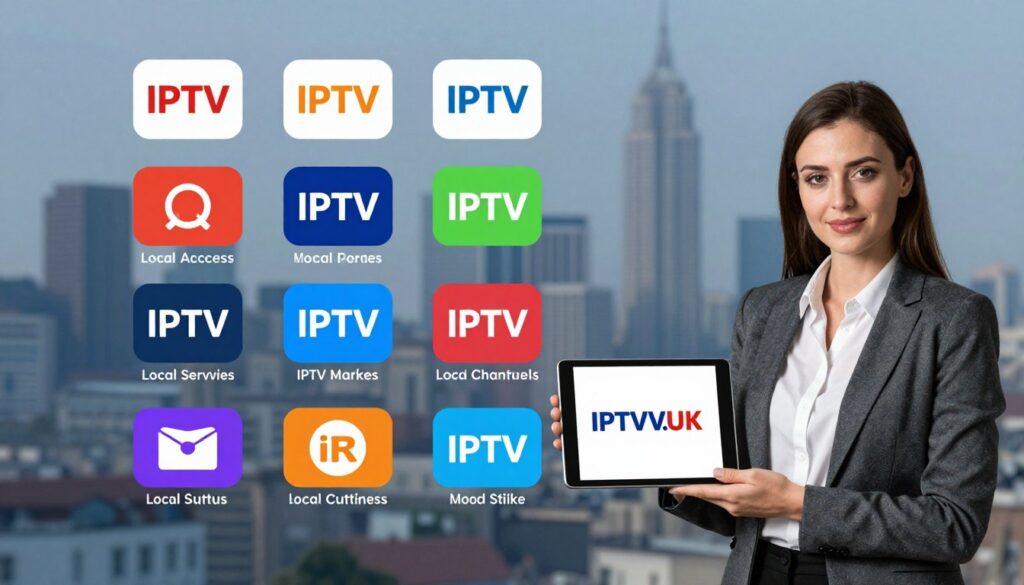A visual comparison chart illustrating various IPTV services that offer local channels, set against a sleek, modern digital background. In the foreground, depict a confident professional woman in business attire, holding a tablet displaying the "IPTVVUK.COM" logo. The middle layer features colorful, organized icons representing different IPTV services, each labeled with local channel offerings, showcasing ease of access and diversity. The background should consist of blurred silhouette images of cityscapes, symbolizing various local markets. Use soft, ambient lighting to create an inviting atmosphere, with a slight focus on the tablet to draw attention. The overall mood is informative and engaging, aiming to assist viewers in making informed decisions for cord-cutting. A visual comparison chart illustrating various IPTV services that offer local channels, set against a sleek, modern digital background. In the foreground, depict a confident professional woman in business attire, holding a tablet displaying the "IPTVVUK.COM" logo. The middle layer features colorful, organized icons representing different IPTV services, each labeled with local channel offerings, showcasing ease of access and diversity. The background should consist of blurred silhouette images of cityscapes, symbolizing various local markets. Use soft, ambient lighting to create an inviting atmosphere, with a slight focus on the tablet to draw attention. The overall mood is informative and engaging, aiming to assist viewers in making informed decisions for cord-cutting.
