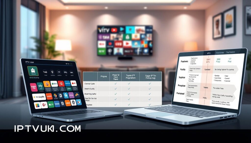 A visually appealing and informative illustration of an IPTV service comparison chart, showcasing diverse features with clarity and organization. In the foreground, a modern laptop displaying a colorful, user-friendly interface with various IPTV features like channel selection, streaming quality, and pricing plans. In the middle ground, a table or infographic layout presenting side-by-side comparisons of top IPTV services, labeled with icons and graphics for easy understanding. The background features a cozy living room setting with a stylish couch and a large TV screen streaming content, creating an inviting atmosphere. Soft, ambient lighting enhances the professionalism of the scene, and the overall mood is informative and engaging. Include the brand name "IPTVVUK.COM" subtly integrated into the design. A visually appealing and informative illustration of an IPTV service comparison chart, showcasing diverse features with clarity and organization. In the foreground, a modern laptop displaying a colorful, user-friendly interface with various IPTV features like channel selection, streaming quality, and pricing plans. In the middle ground, a table or infographic layout presenting side-by-side comparisons of top IPTV services, labeled with icons and graphics for easy understanding. The background features a cozy living room setting with a stylish couch and a large TV screen streaming content, creating an inviting atmosphere. Soft, ambient lighting enhances the professionalism of the scene, and the overall mood is informative and engaging. Include the brand name "IPTVVUK.COM" subtly integrated into the design.