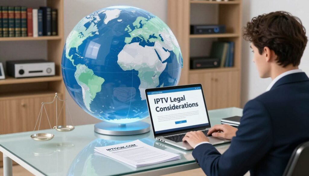 A visually compelling illustration representing "IPTV Legal Considerations." In the foreground, a professional individual, dressed in smart business attire, is sitting at a sleek, modern desk with legal documents and a laptop displaying IPTVVUK.COM on the screen. The middle layer features a large, transparent globe highlighting various countries, symbolizing global IPTV laws and regulations. In the background, a balanced bookshelf filled with law books and digital devices like tablets and streaming boxes showcases the intersection of technology and legality. The lighting is bright and inviting, emanating a sense of professionalism and clarity. The composition is shot from a slightly elevated angle, giving depth to the scene while maintaining focus on the legal themes of IPTV usage. A visually compelling illustration representing "IPTV Legal Considerations." In the foreground, a professional individual, dressed in smart business attire, is sitting at a sleek, modern desk with legal documents and a laptop displaying IPTVVUK.COM on the screen. The middle layer features a large, transparent globe highlighting various countries, symbolizing global IPTV laws and regulations. In the background, a balanced bookshelf filled with law books and digital devices like tablets and streaming boxes showcases the intersection of technology and legality. The lighting is bright and inviting, emanating a sense of professionalism and clarity. The composition is shot from a slightly elevated angle, giving depth to the scene while maintaining focus on the legal themes of IPTV usage.