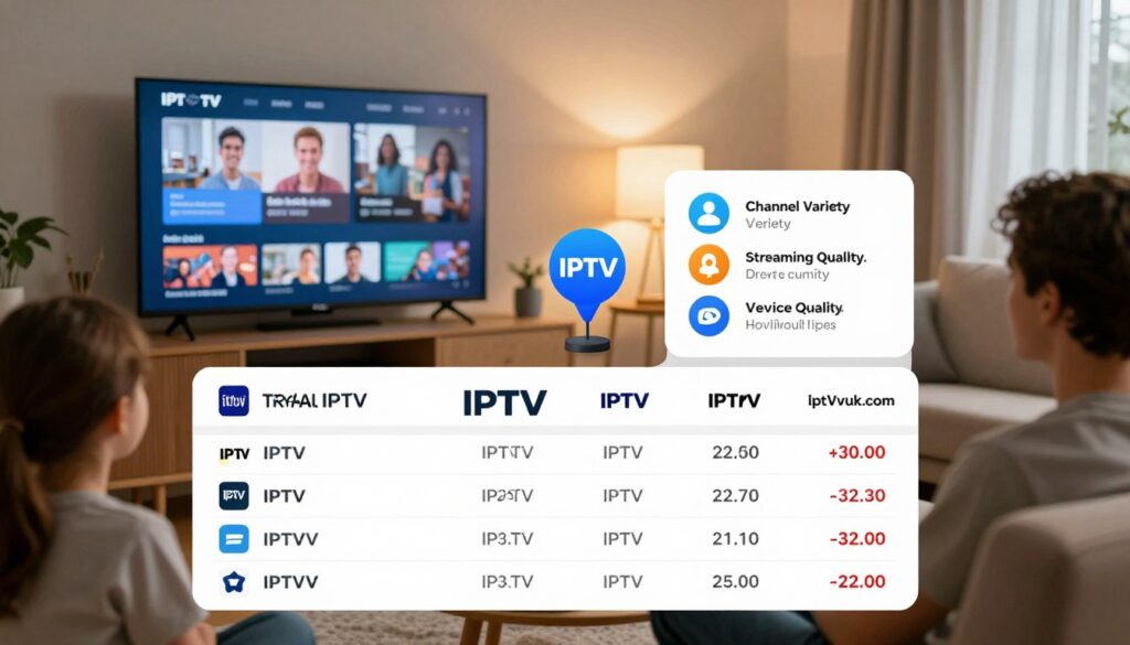 A visually engaging and informative comparison scene depicting various legal IPTV services, focusing on a table layout at the forefront showcasing different service logos and prices, including "IPTVVUK.COM". In the middle ground, a detailed infographic-style illustration highlights value features and benefits of each service such as channel variety, streaming quality, and device compatibility. The background features a cozy living room setting with a modern TV displaying IPTV content, and a family watching. Soft, warm lighting creates an inviting atmosphere, with a slight focus blur on the background to emphasize the IPTV comparison table. The composition should evoke a sense of modernity and convenience for cord-cutters, capturing the essence of exploring options in the IPTV market. A visually engaging and informative comparison scene depicting various legal IPTV services, focusing on a table layout at the forefront showcasing different service logos and prices, including "IPTVVUK.COM". In the middle ground, a detailed infographic-style illustration highlights value features and benefits of each service such as channel variety, streaming quality, and device compatibility. The background features a cozy living room setting with a modern TV displaying IPTV content, and a family watching. Soft, warm lighting creates an inviting atmosphere, with a slight focus blur on the background to emphasize the IPTV comparison table. The composition should evoke a sense of modernity and convenience for cord-cutters, capturing the essence of exploring options in the IPTV market.