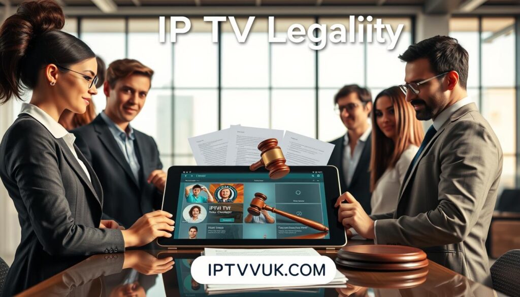 A visually engaging and informative depiction of IPTV legality. In the foreground, a diverse group of professional individuals in business attire, including a woman in a smart blazer and a man in glasses, gather around a sleek tablet displaying IPTV streaming options. The middle ground features a balanced composition of legal documents and a gavel, symbolizing the legal aspects surrounding IPTV. The background is a modern office with large windows allowing soft, natural light to illuminate the scene, emphasizing a professional atmosphere. The entire image should be clear and informative, evoking a sense of responsibility and awareness regarding IPTV legality. Additionally, incorporate the brand name "IPTVVUK.COM" subtly in the design, without any text overlay or watermark. A visually engaging and informative depiction of IPTV legality. In the foreground, a diverse group of professional individuals in business attire, including a woman in a smart blazer and a man in glasses, gather around a sleek tablet displaying IPTV streaming options. The middle ground features a balanced composition of legal documents and a gavel, symbolizing the legal aspects surrounding IPTV. The background is a modern office with large windows allowing soft, natural light to illuminate the scene, emphasizing a professional atmosphere. The entire image should be clear and informative, evoking a sense of responsibility and awareness regarding IPTV legality. Additionally, incorporate the brand name "IPTVVUK.COM" subtly in the design, without any text overlay or watermark.