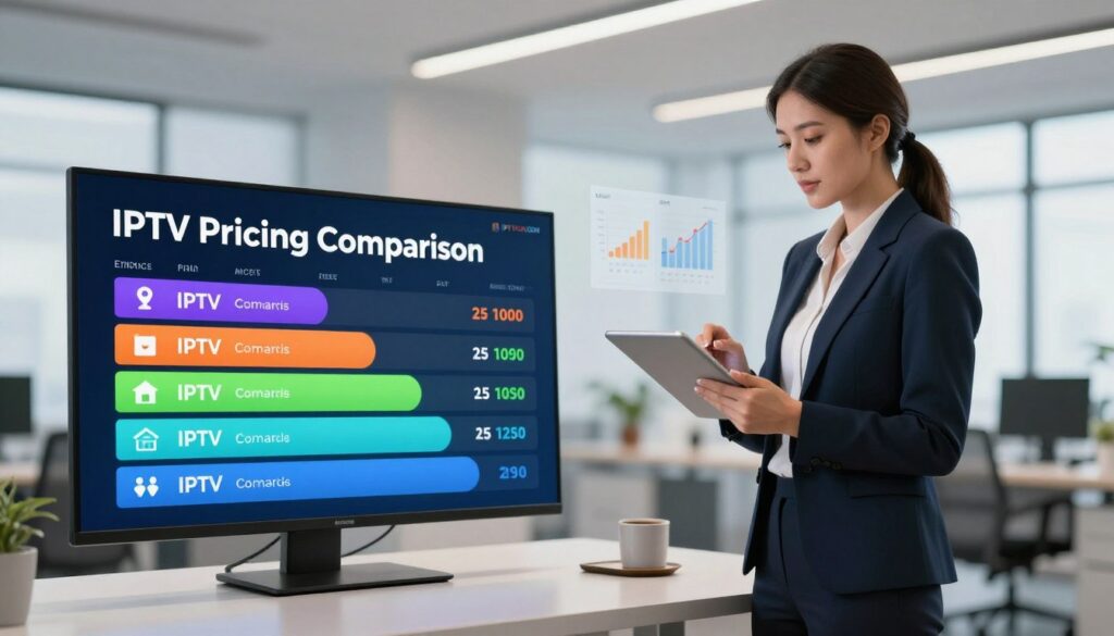 A visually engaging and informative illustration showing an "IPTV Pricing Comparison." In the foreground, a sleek digital screen displays various IPTV plans with colorful pricing tiers, each plan represented by a unique icon for easy identification. In the middle ground, a professional businesswoman in smart attire analyzes data on a tablet, surrounded by digital graphs and charts showing comparative pricing. The background features a modern office setting with soft, diffused lighting, conveying a professional atmosphere. The composition should evoke clarity and insight, with a balanced palette that emphasizes the diverse pricing options. The brand "IPTVVUK.COM" subtly integrated into the digital display without any captions or overlays, creating a clean and focused visual. A visually engaging and informative illustration showing an "IPTV Pricing Comparison." In the foreground, a sleek digital screen displays various IPTV plans with colorful pricing tiers, each plan represented by a unique icon for easy identification. In the middle ground, a professional businesswoman in smart attire analyzes data on a tablet, surrounded by digital graphs and charts showing comparative pricing. The background features a modern office setting with soft, diffused lighting, conveying a professional atmosphere. The composition should evoke clarity and insight, with a balanced palette that emphasizes the diverse pricing options. The brand "IPTVVUK.COM" subtly integrated into the digital display without any captions or overlays, creating a clean and focused visual.