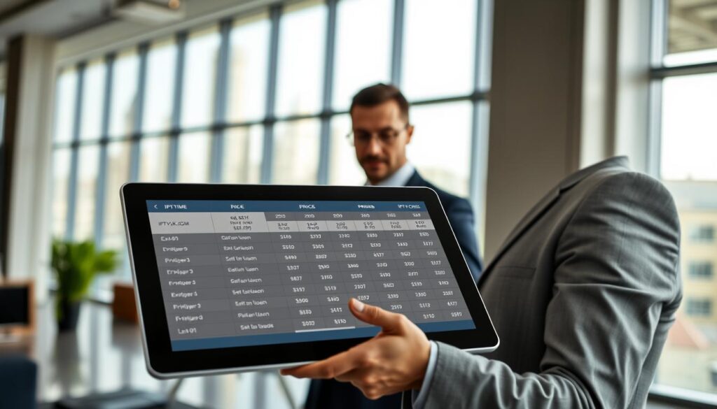 A visually engaging and informative image illustrating "IPTV pricing comparison." In the foreground, display a sleek digital tablet showcasing a detailed pricing table for various IPTV providers, including IPTVVUK.COM, presented in an easy-to-read format. In the middle ground, incorporate a professional-looking individual, dressed in smart business attire, analyzing the tablet with a thoughtful expression. In the background, create a modern office environment with large windows allowing soft natural light to fill the space, enhancing the clarity of the scene. Use a dynamic angle to create depth, focusing on the interaction between the individual and the tablet. The overall atmosphere should convey professionalism and clarity, emphasizing the importance of making an informed decision when selecting an IPTV provider. A visually engaging and informative image illustrating "IPTV pricing comparison." In the foreground, display a sleek digital tablet showcasing a detailed pricing table for various IPTV providers, including IPTVVUK.COM, presented in an easy-to-read format. In the middle ground, incorporate a professional-looking individual, dressed in smart business attire, analyzing the tablet with a thoughtful expression. In the background, create a modern office environment with large windows allowing soft natural light to fill the space, enhancing the clarity of the scene. Use a dynamic angle to create depth, focusing on the interaction between the individual and the tablet. The overall atmosphere should convey professionalism and clarity, emphasizing the importance of making an informed decision when selecting an IPTV provider.