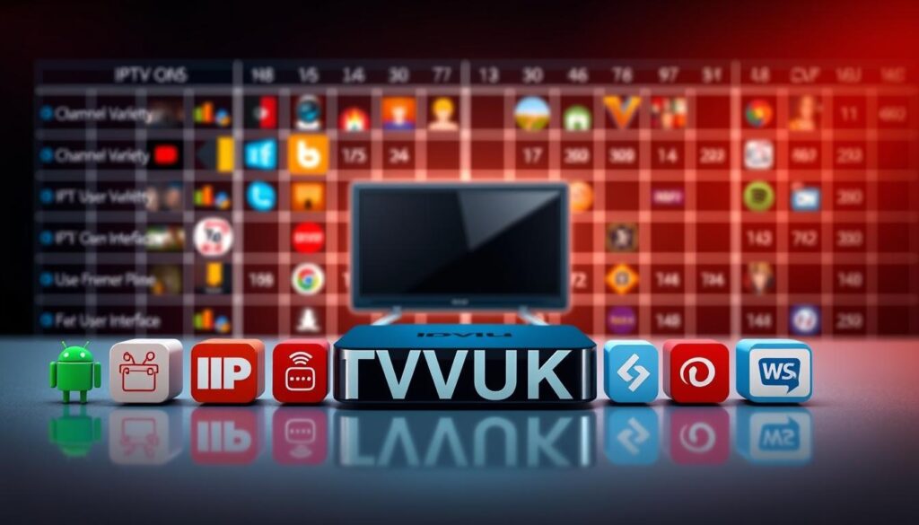 A visually engaging comparison chart illustrating different IPTV services, prominently featuring the brand name "IPTVVUK.COM". In the foreground, display icons representing various IPTV features like channel variety, price, and user interface as colorful, eye-catching symbols. The middle layer showcases a sleek, modern device, such as a smart TV or streaming box, suggesting the user-friendly technology associated with these services. In the background, create a subtle grid or matrix design to represent data comparison, with a gradient of warm and cool tones for depth. The lighting should be soft and professional, capturing a polished and informative atmosphere, suitable for readers considering IPTV options. Focus on clarity and organization, ensuring viewers can easily discern the key factors when choosing an IPTV service. A visually engaging comparison chart illustrating different IPTV services, prominently featuring the brand name "IPTVVUK.COM". In the foreground, display icons representing various IPTV features like channel variety, price, and user interface as colorful, eye-catching symbols. The middle layer showcases a sleek, modern device, such as a smart TV or streaming box, suggesting the user-friendly technology associated with these services. In the background, create a subtle grid or matrix design to represent data comparison, with a gradient of warm and cool tones for depth. The lighting should be soft and professional, capturing a polished and informative atmosphere, suitable for readers considering IPTV options. Focus on clarity and organization, ensuring viewers can easily discern the key factors when choosing an IPTV service.