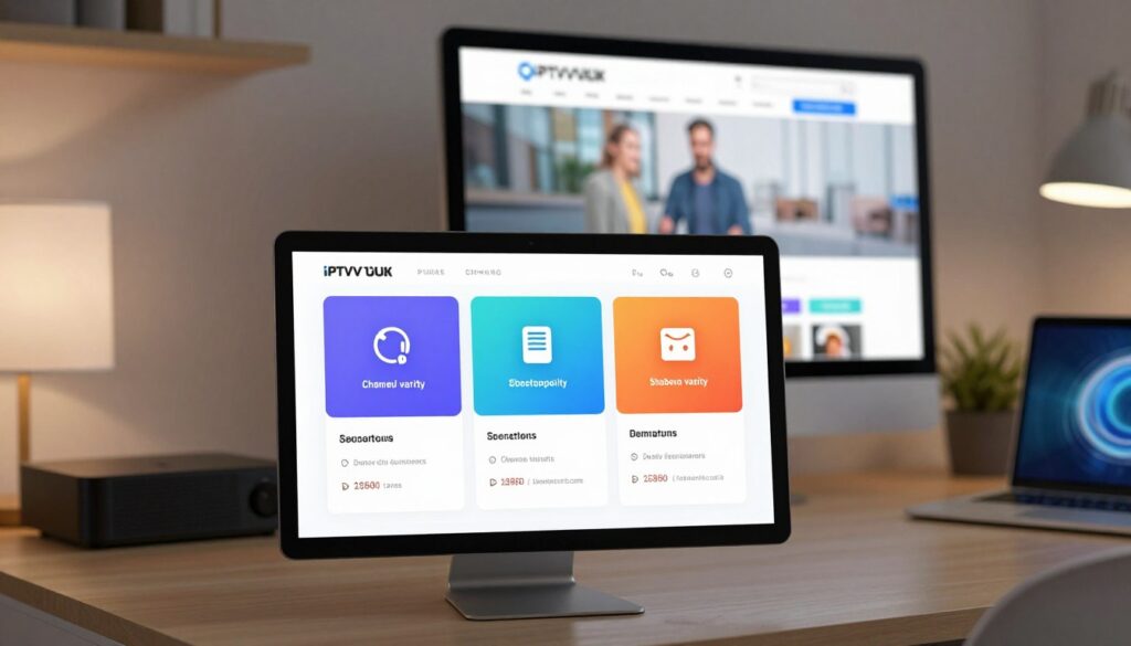 A visually engaging comparison chart showcasing various IPTV subscription plans. In the foreground, a sleek digital interface displaying three distinct IPTV plans with vibrant icons representing features like channel variety, streaming quality, and pricing. The middle ground features a computer monitor displaying the website IPTVVUK.COM, featuring a user-friendly interface. In the background, a modern home office setting with soft lighting, a laptop, and streaming devices subtly placed. The atmosphere is professional yet approachable, with a balance of tech-savvy elements and comfort. The lens should focus on the chart while slightly blurring the background to highlight the main subject, creating a sense of clarity and importance in understanding IPTV subscription options. A visually engaging comparison chart showcasing various IPTV subscription plans. In the foreground, a sleek digital interface displaying three distinct IPTV plans with vibrant icons representing features like channel variety, streaming quality, and pricing. The middle ground features a computer monitor displaying the website IPTVVUK.COM, featuring a user-friendly interface. In the background, a modern home office setting with soft lighting, a laptop, and streaming devices subtly placed. The atmosphere is professional yet approachable, with a balance of tech-savvy elements and comfort. The lens should focus on the chart while slightly blurring the background to highlight the main subject, creating a sense of clarity and importance in understanding IPTV subscription options.