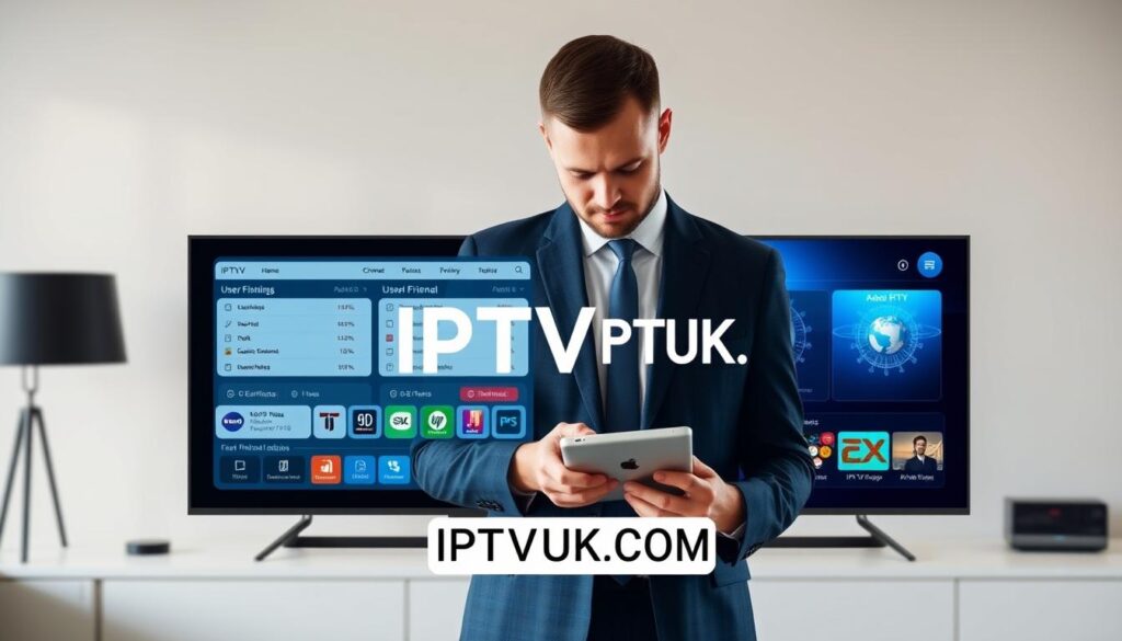 A visually engaging comparison of IPTV services illustrated side by side. In the foreground, a sleek, modern digital screen displays user-friendly IPTV interfaces, showcasing channel listings and plan comparisons. The middle ground features a well-dressed professional, a man in a suit, thoughtfully analyzing data on a tablet, emphasizing a business context. The background is a minimalistic office environment with soft lighting, suggesting productivity and focus. The mood is professional and informative, with a subtle hint of technological innovation. The image should highlight the brand "IPTVVUK.COM" in an elegant manner, blending seamlessly into the design of the IPTV interfaces without being overpowering or distracting. The overall color palette should be professional, with blues and grays, creating a sense of trust and reliability. A visually engaging comparison of IPTV services illustrated side by side. In the foreground, a sleek, modern digital screen displays user-friendly IPTV interfaces, showcasing channel listings and plan comparisons. The middle ground features a well-dressed professional, a man in a suit, thoughtfully analyzing data on a tablet, emphasizing a business context. The background is a minimalistic office environment with soft lighting, suggesting productivity and focus. The mood is professional and informative, with a subtle hint of technological innovation. The image should highlight the brand "IPTVVUK.COM" in an elegant manner, blending seamlessly into the design of the IPTV interfaces without being overpowering or distracting. The overall color palette should be professional, with blues and grays, creating a sense of trust and reliability.