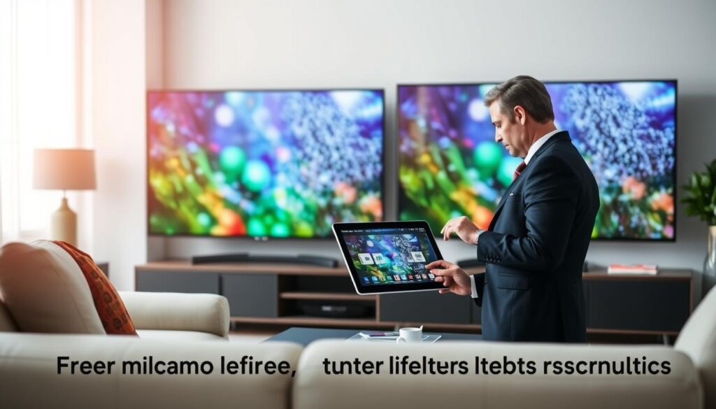 A visually engaging comparison of IPTV streaming quality, featuring two large screens displaying different streaming resolutions: one screen shows high-definition clarity with vibrant colors, while the other depicts lower resolution with noticeable pixelation. In the foreground, a sleek modern living room setup with a stylish couch and a coffee table, enhancing a cozy viewing atmosphere. A professional, moderately dressed person is intently analyzing a tablet, showcasing IPTVVUK.COM subscriptions on the device. The background includes a softly lit room, emphasizing a warm and inviting mood. The lighting is bright yet soft, simulating an ideal home viewing experience. The angle of the shot focuses on the IPTV setup while capturing the screens prominently, creating a clear contrast that visualizes the key features of premium lifetime IPTV subscriptions. A visually engaging comparison of IPTV streaming quality, featuring two large screens displaying different streaming resolutions: one screen shows high-definition clarity with vibrant colors, while the other depicts lower resolution with noticeable pixelation. In the foreground, a sleek modern living room setup with a stylish couch and a coffee table, enhancing a cozy viewing atmosphere. A professional, moderately dressed person is intently analyzing a tablet, showcasing IPTVVUK.COM subscriptions on the device. The background includes a softly lit room, emphasizing a warm and inviting mood. The lighting is bright yet soft, simulating an ideal home viewing experience. The angle of the shot focuses on the IPTV setup while capturing the screens prominently, creating a clear contrast that visualizes the key features of premium lifetime IPTV subscriptions.