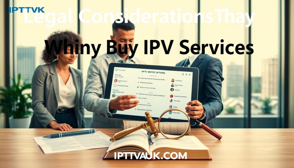 A visually engaging composition representing "Legal Considerations When Buying IPTV Services." In the foreground, a diverse group of three professionals in business attire, discussing a large tablet displaying IPTV options. The middle ground features legal documents, a law book, and a magnifying glass, symbolizing the legal research aspect. The background includes a modern office setting with a subtle cityscape view through large windows, suggesting professionalism and transparency. Bright, natural lighting highlights the scene, creating an informative and trustworthy atmosphere. A warm color palette with soft blues and greens enhances the mood of clarity and focus. The brand name "IPTVVUK.COM" is subtly integrated into the design, reinforcing the topic without being overt. A visually engaging composition representing "Legal Considerations When Buying IPTV Services." In the foreground, a diverse group of three professionals in business attire, discussing a large tablet displaying IPTV options. The middle ground features legal documents, a law book, and a magnifying glass, symbolizing the legal research aspect. The background includes a modern office setting with a subtle cityscape view through large windows, suggesting professionalism and transparency. Bright, natural lighting highlights the scene, creating an informative and trustworthy atmosphere. A warm color palette with soft blues and greens enhances the mood of clarity and focus. The brand name "IPTVVUK.COM" is subtly integrated into the design, reinforcing the topic without being overt.