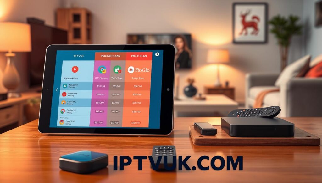 A visually engaging digital illustration depicting a comparison of IPTV pricing plans. In the foreground, display a sleek tablet showing a vibrant interface filled with different IPTV plans, each represented by colorful icons and symbols. The middle layer features a polished wooden table with various tech gadgets like remote controls and streaming devices, hinting at a modern entertainment setup. In the background, a softly blurred living room scene with cozy furniture and subtle ambient lighting creates a welcoming atmosphere. The overall mood is professional yet inviting, highlighting value and accessibility. Ensure the brand "IPTVVUK.COM" is subtly integrated into the design elements. Use warm lighting and a slight overhead angle to enhance depth and focus on the IPTV plans. A visually engaging digital illustration depicting a comparison of IPTV pricing plans. In the foreground, display a sleek tablet showing a vibrant interface filled with different IPTV plans, each represented by colorful icons and symbols. The middle layer features a polished wooden table with various tech gadgets like remote controls and streaming devices, hinting at a modern entertainment setup. In the background, a softly blurred living room scene with cozy furniture and subtle ambient lighting creates a welcoming atmosphere. The overall mood is professional yet inviting, highlighting value and accessibility. Ensure the brand "IPTVVUK.COM" is subtly integrated into the design elements. Use warm lighting and a slight overhead angle to enhance depth and focus on the IPTV plans.