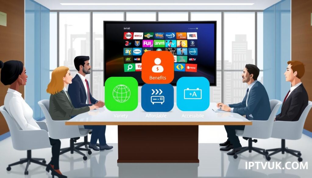 A visually engaging digital illustration showcasing the benefits of IPTV International Services. In the foreground, a diverse group of professionals in smart business attire, engaged in a discussion around a modern conference table, with a large screen displaying various international TV channels. In the middle, vibrant graphics representing key benefits such as variety, affordability, and accessibility of international programming, symbolized by colorful icons like globes, dollar signs, and streaming devices. The background features a sleek, modern office environment with large windows that let in natural light, creating an inviting atmosphere. The scene is bright and professional, evoking a sense of innovation and connectivity in telecommunications. Include the brand name "IPTVVUK.COM" subtly in the corner to ensure brand recognition without distracting from the main illustration. A visually engaging digital illustration showcasing the benefits of IPTV International Services. In the foreground, a diverse group of professionals in smart business attire, engaged in a discussion around a modern conference table, with a large screen displaying various international TV channels. In the middle, vibrant graphics representing key benefits such as variety, affordability, and accessibility of international programming, symbolized by colorful icons like globes, dollar signs, and streaming devices. The background features a sleek, modern office environment with large windows that let in natural light, creating an inviting atmosphere. The scene is bright and professional, evoking a sense of innovation and connectivity in telecommunications. Include the brand name "IPTVVUK.COM" subtly in the corner to ensure brand recognition without distracting from the main illustration.