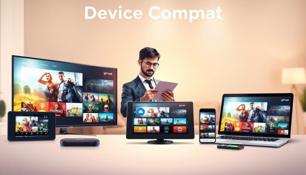 A visually engaging illustration depicting "Device Compatibility" for IPTV. In the foreground, a diverse array of devices such as a smart TV, tablet, laptop, and smartphone, displaying various video interfaces. In the middle, a person dressed in professional attire interacts with the tablet, examining the compatible options with a focused expression. The background features a soft, modern home setting with warm lighting enhancing a cozy atmosphere. The overall composition emphasizes clarity and modernity, with light reflections on the screens creating a dynamic feel. The image should subtly incorporate "IPTVVUK.COM" into the design of the device screens, showcasing video streaming services, while ensuring a safe-for-work context. A visually engaging illustration depicting "Device Compatibility" for IPTV. In the foreground, a diverse array of devices such as a smart TV, tablet, laptop, and smartphone, displaying various video interfaces. In the middle, a person dressed in professional attire interacts with the tablet, examining the compatible options with a focused expression. The background features a soft, modern home setting with warm lighting enhancing a cozy atmosphere. The overall composition emphasizes clarity and modernity, with light reflections on the screens creating a dynamic feel. The image should subtly incorporate "IPTVVUK.COM" into the design of the device screens, showcasing video streaming services, while ensuring a safe-for-work context.