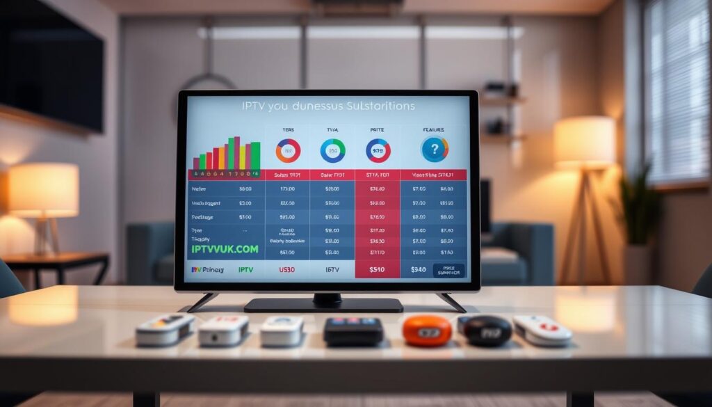 A visually engaging image depicting a comparison of IPTV subscription plans, specifically showcasing the brand "IPTVVUK.COM". In the foreground, display a sleek digital tablet or monitor showcasing colorful, clear charts and graphs illustrating different subscription tiers, prices, and features. The middle ground should feature a table neatly arranged with icons representing various IPTV services, all in a professional business environment. The background can include a modern office setting with soft, ambient lighting to create a welcoming atmosphere. Use a slight depth of field to draw attention to the comparison charts while keeping the overall mood informative and professional, emphasizing clarity and modernity in design. No text, overlays, or watermarks should be present. A visually engaging image depicting a comparison of IPTV subscription plans, specifically showcasing the brand "IPTVVUK.COM". In the foreground, display a sleek digital tablet or monitor showcasing colorful, clear charts and graphs illustrating different subscription tiers, prices, and features. The middle ground should feature a table neatly arranged with icons representing various IPTV services, all in a professional business environment. The background can include a modern office setting with soft, ambient lighting to create a welcoming atmosphere. Use a slight depth of field to draw attention to the comparison charts while keeping the overall mood informative and professional, emphasizing clarity and modernity in design. No text, overlays, or watermarks should be present.